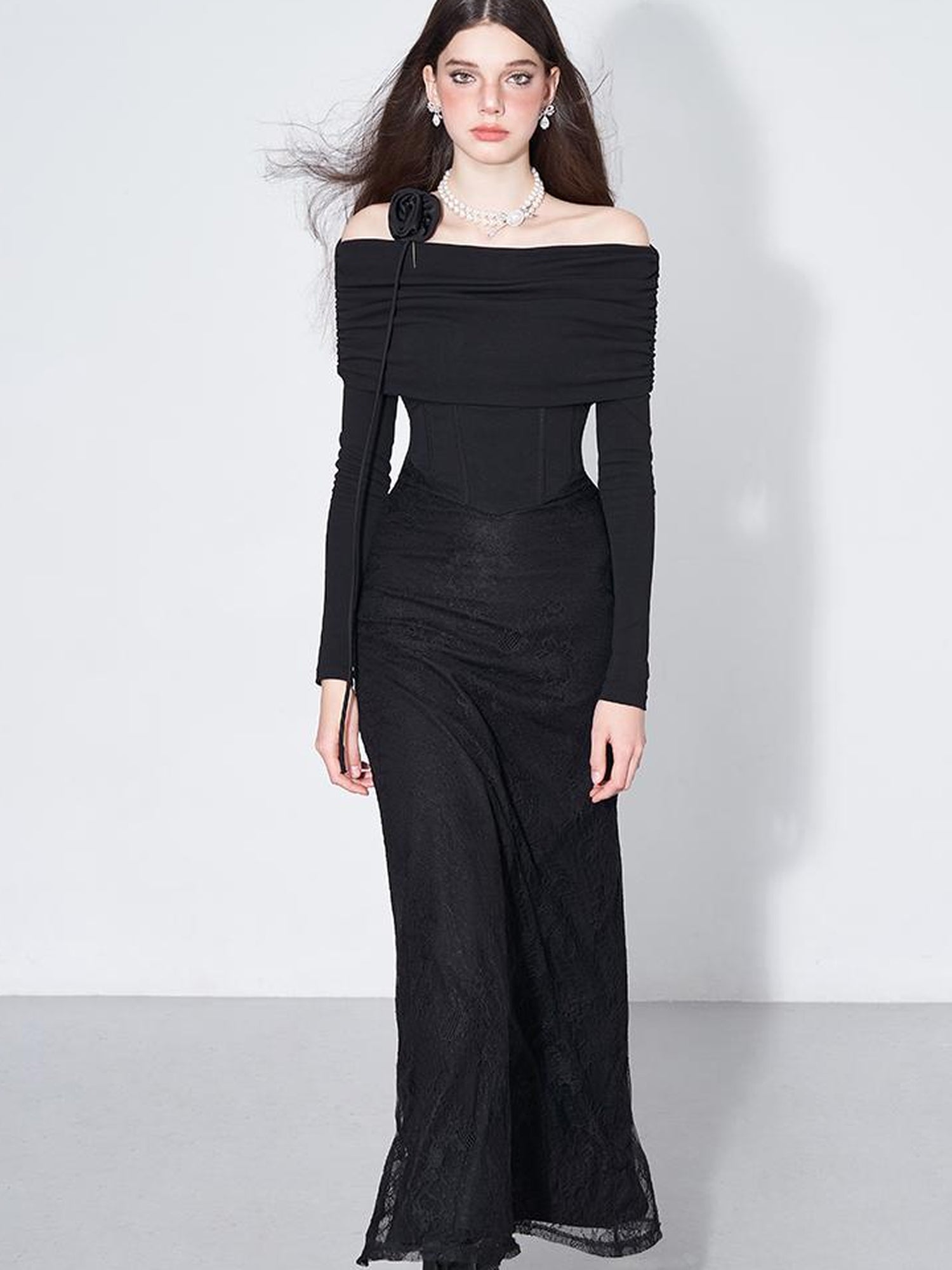 AFTADAWN Elegant Lace Trimmed Black Maxi Dress With Off Shoulder Neckline