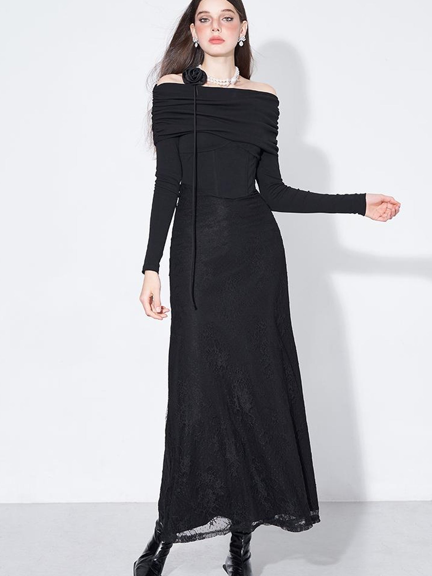AFTADAWN Elegant Lace Trimmed Black Maxi Dress With Off Shoulder Neckline