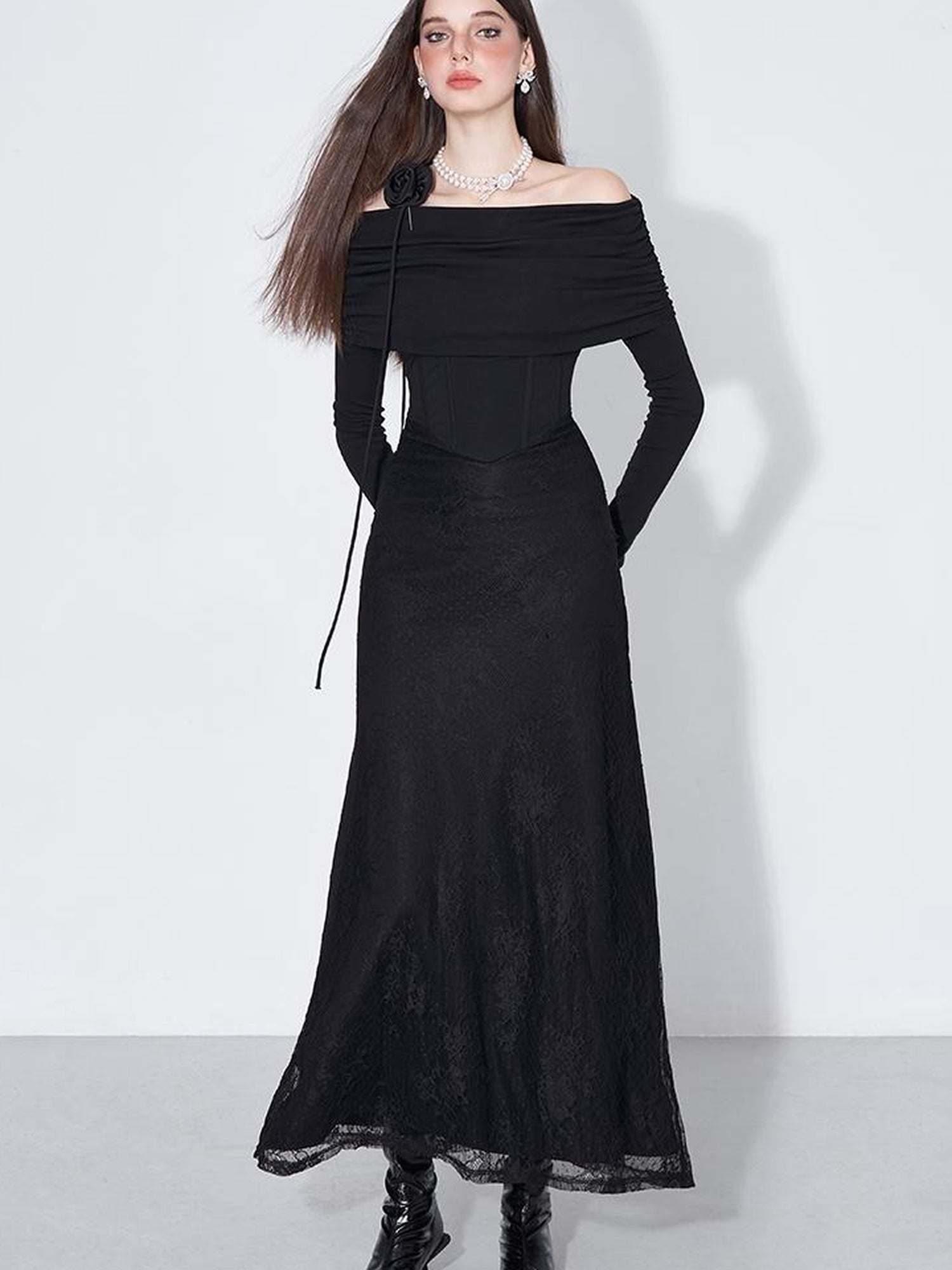 AFTADAWN Elegant Lace Trimmed Black Maxi Dress With Off Shoulder Neckline
