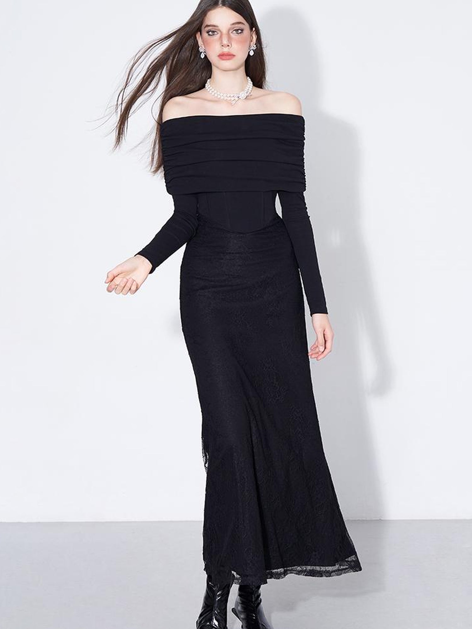AFTADAWN Elegant Lace Trimmed Black Maxi Dress With Off Shoulder Neckline