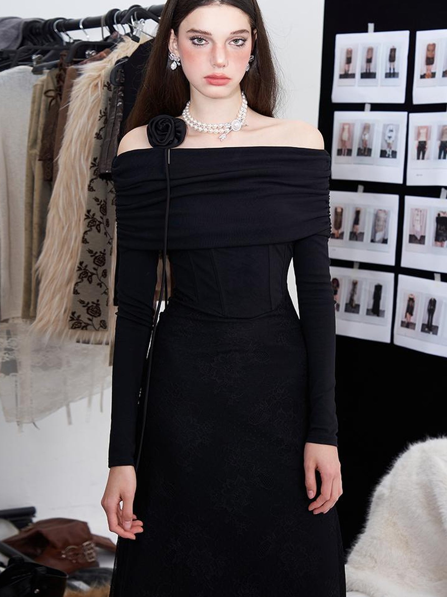 AFTADAWN Elegant Lace Trimmed Black Maxi Dress With Off Shoulder Neckline