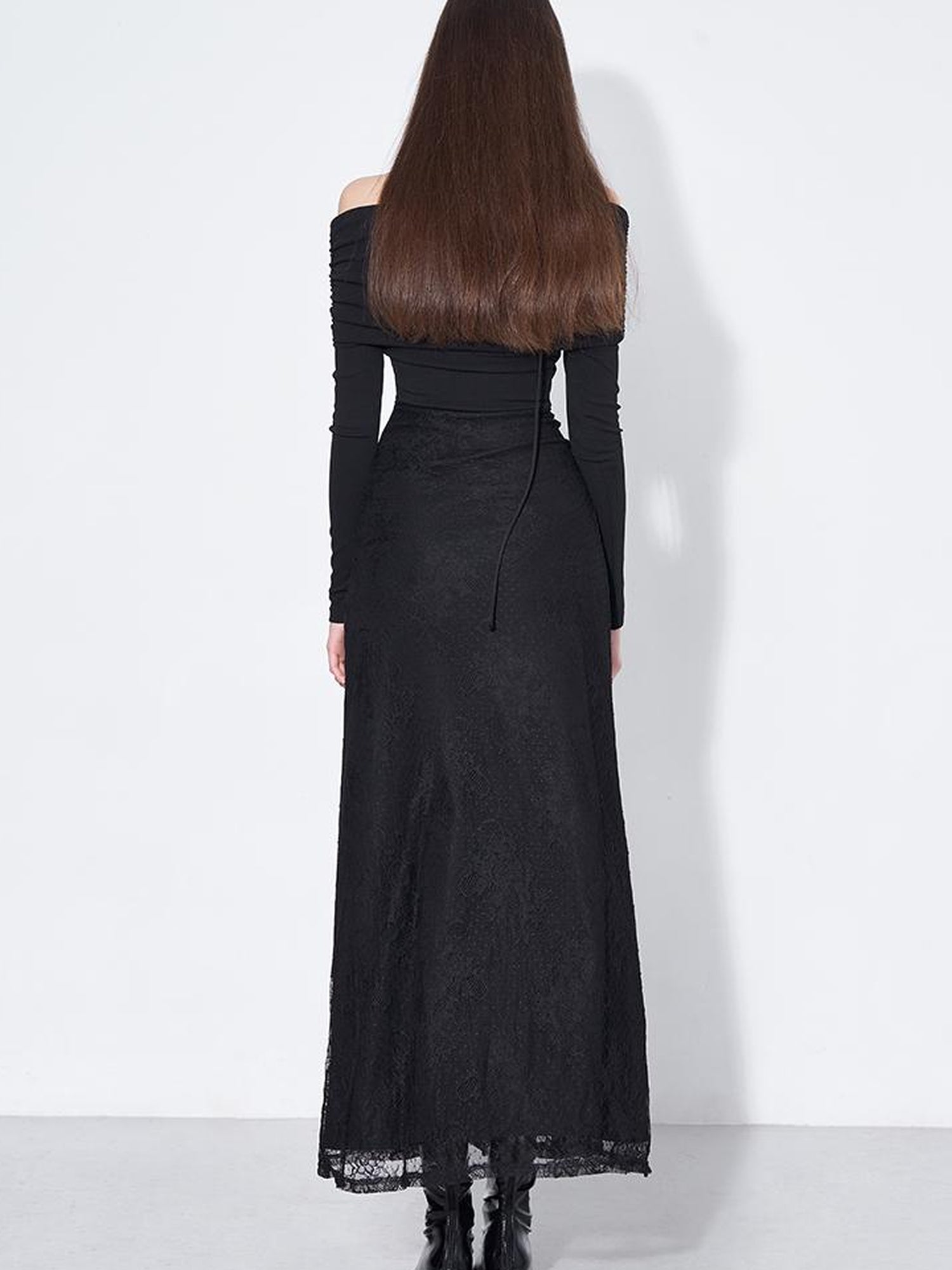 AFTADAWN Elegant Lace Trimmed Black Maxi Dress With Off Shoulder Neckline