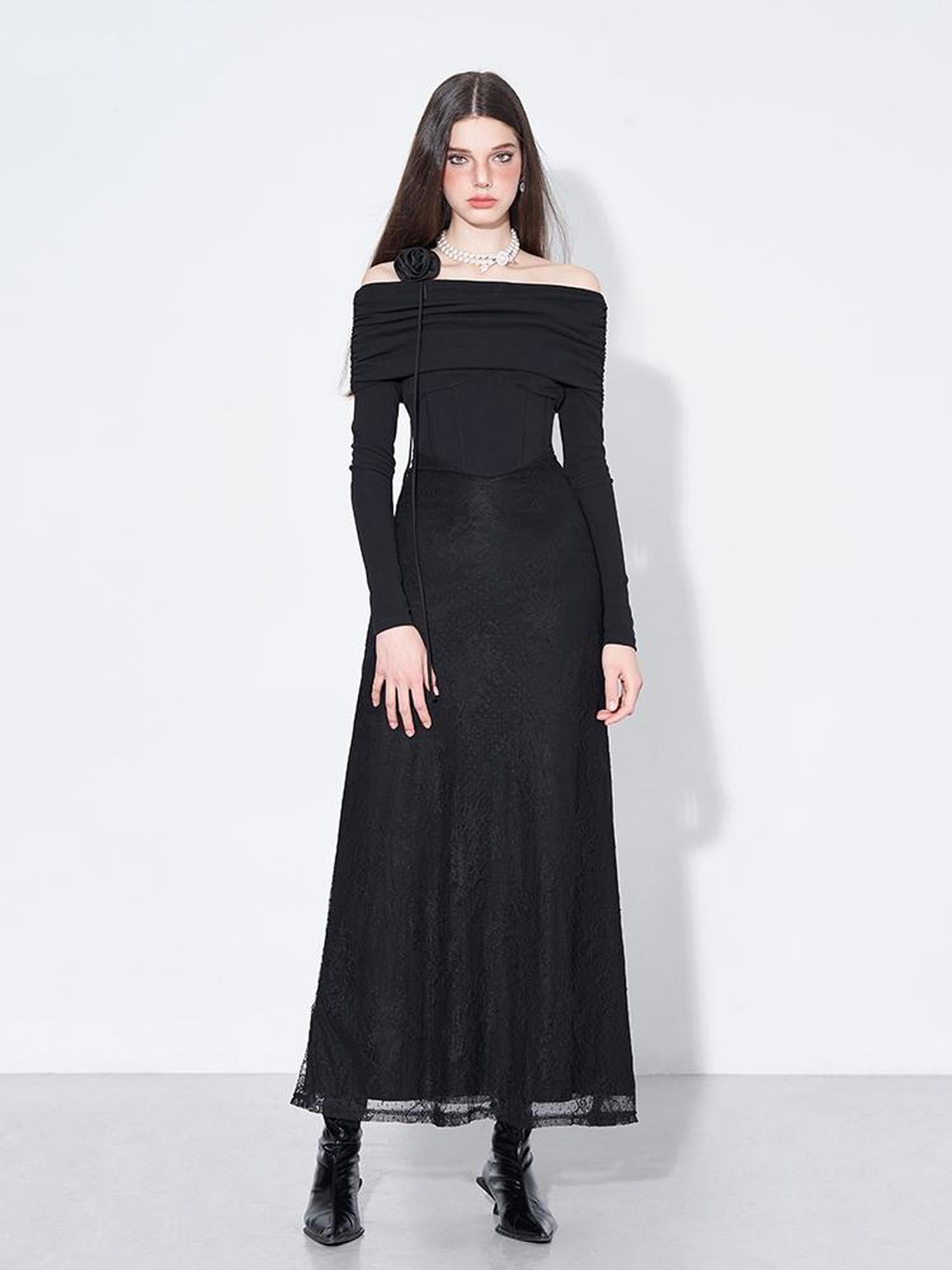 AFTADAWN Elegant Lace Trimmed Black Maxi Dress With Off Shoulder Neckline