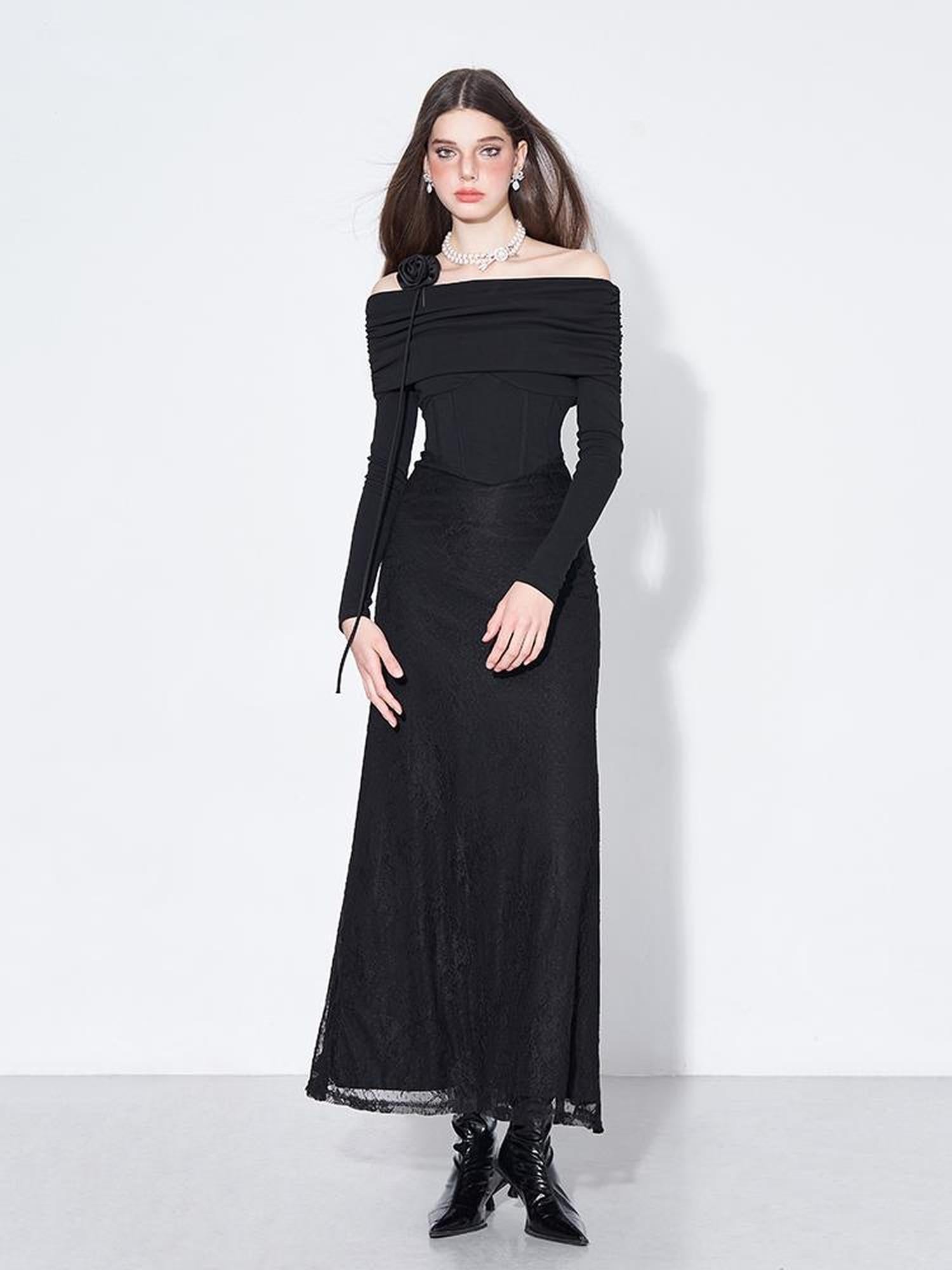 AFTADAWN Elegant Lace Trimmed Black Maxi Dress With Off Shoulder Neckline