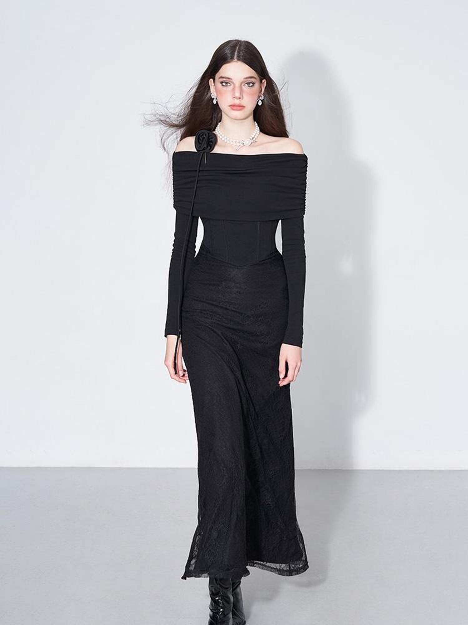 AFTADAWN Elegant Lace Trimmed Black Maxi Dress With Off Shoulder Neckline