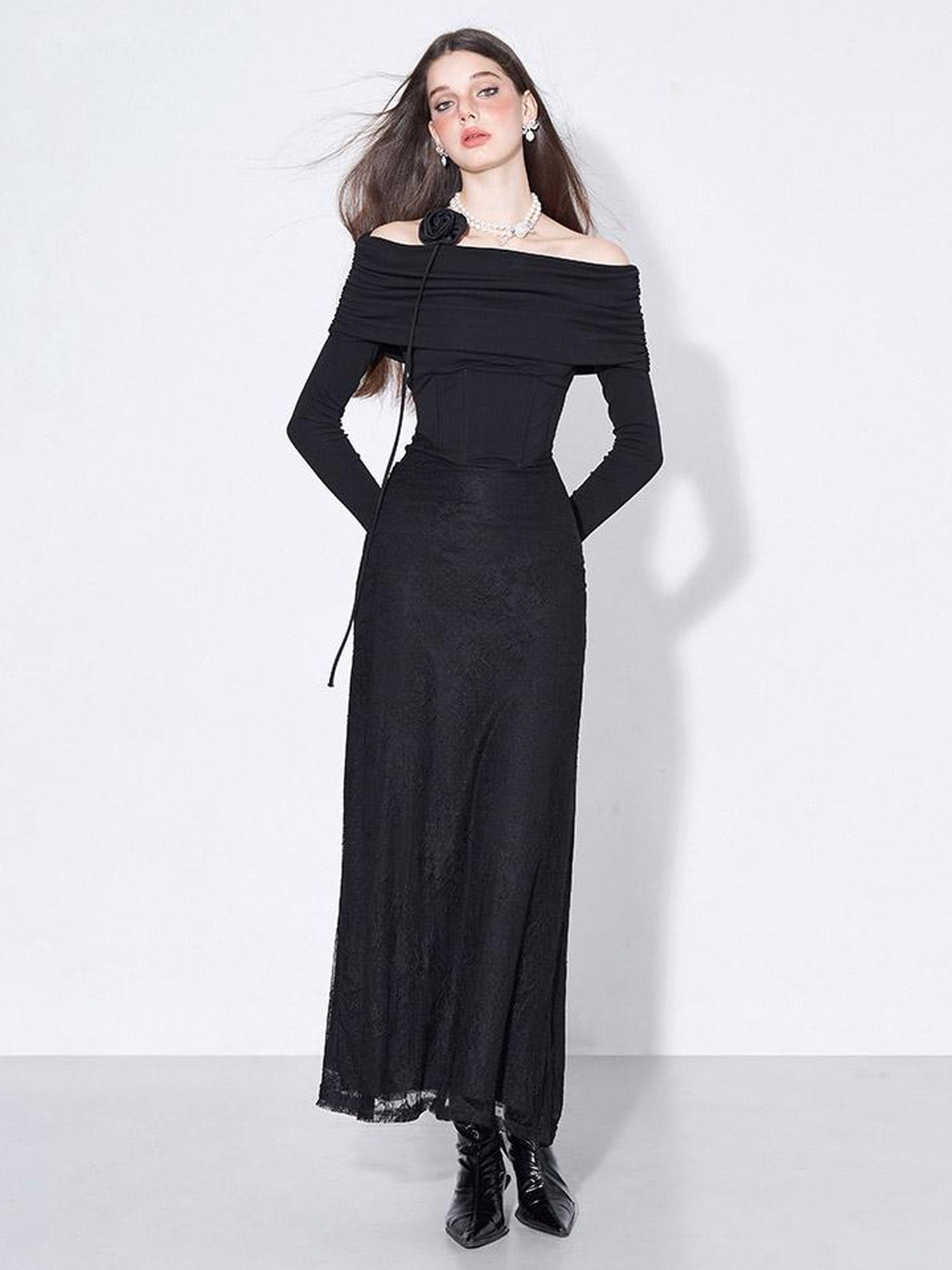 AFTADAWN Elegant Lace Trimmed Black Maxi Dress With Off Shoulder Neckline