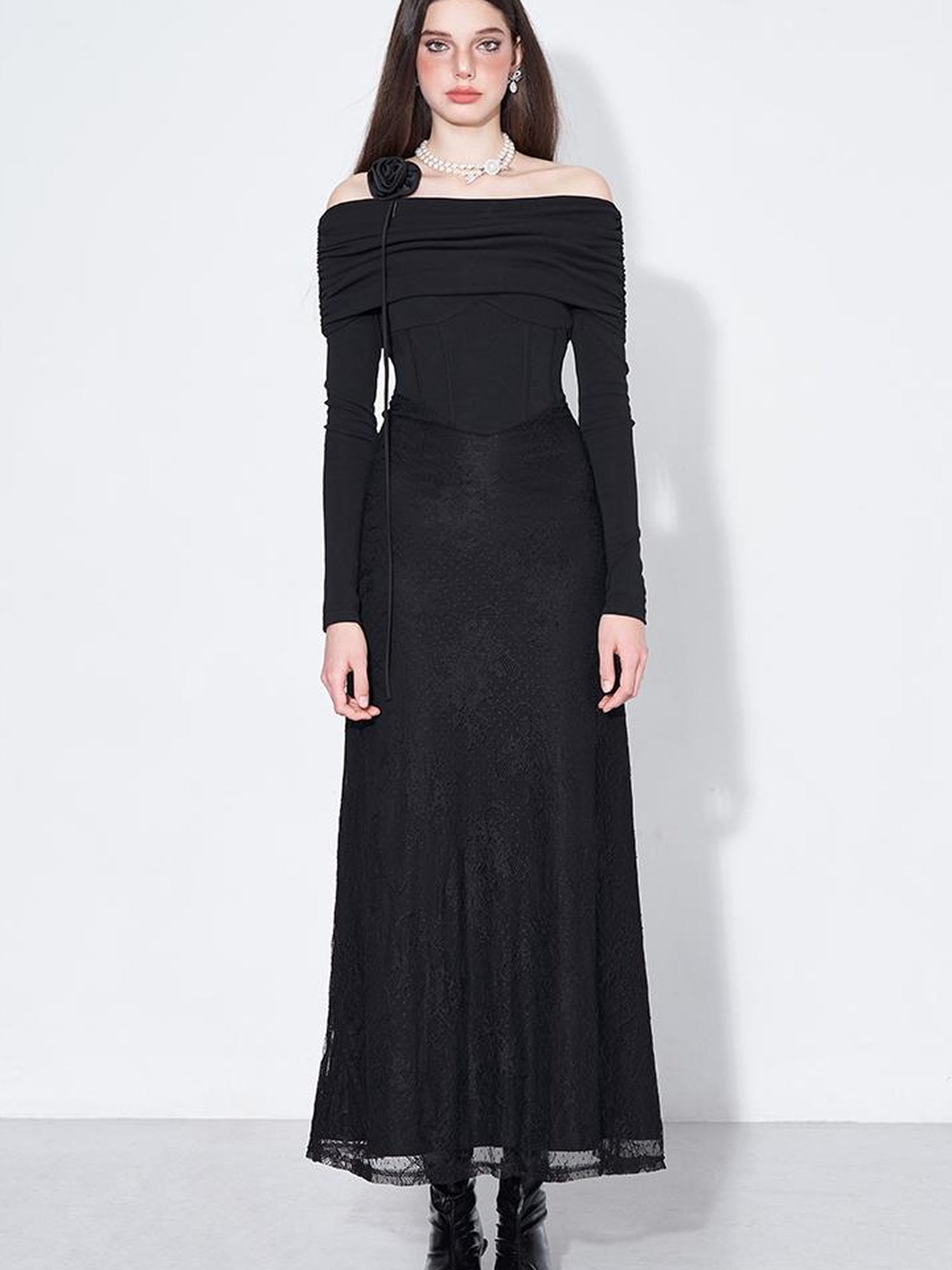 AFTADAWN Elegant Lace Trimmed Black Maxi Dress With Off Shoulder Neckline