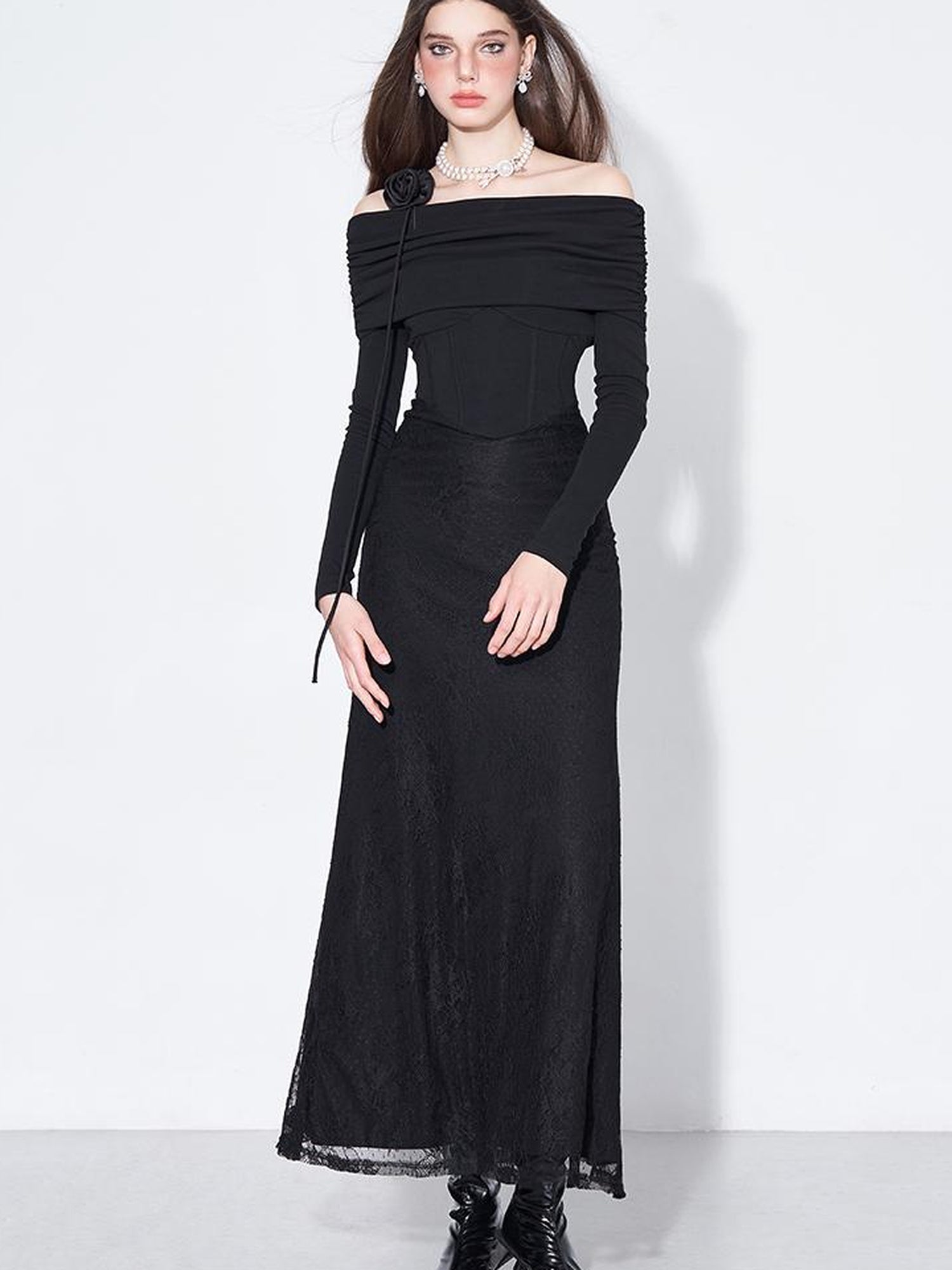 AFTADAWN Elegant Lace Trimmed Black Maxi Dress With Off Shoulder Neckline