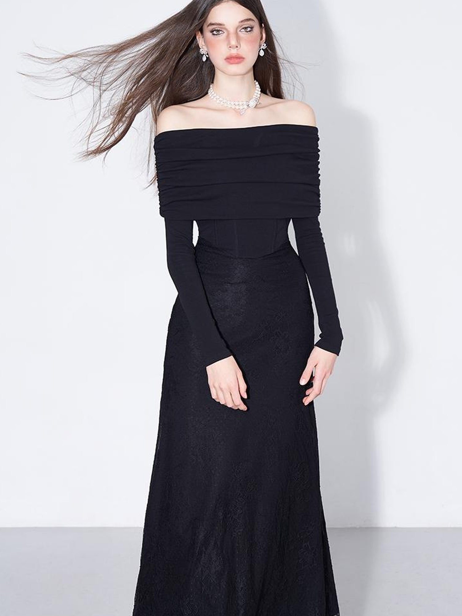 AFTADAWN Elegant Lace Trimmed Black Maxi Dress With Off Shoulder Neckline