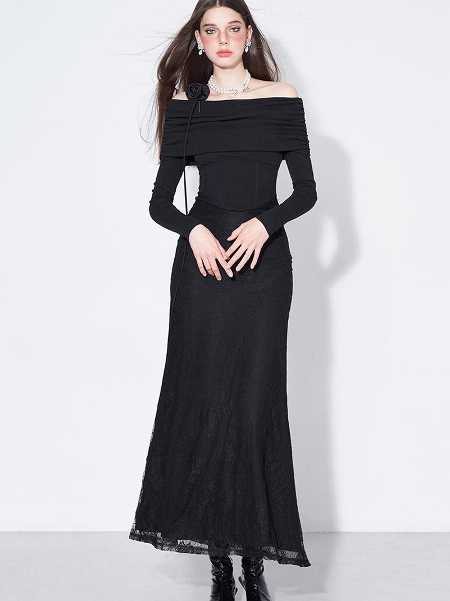 AFTADAWN Elegant Lace Trimmed Black Maxi Dress With Off Shoulder Neckline