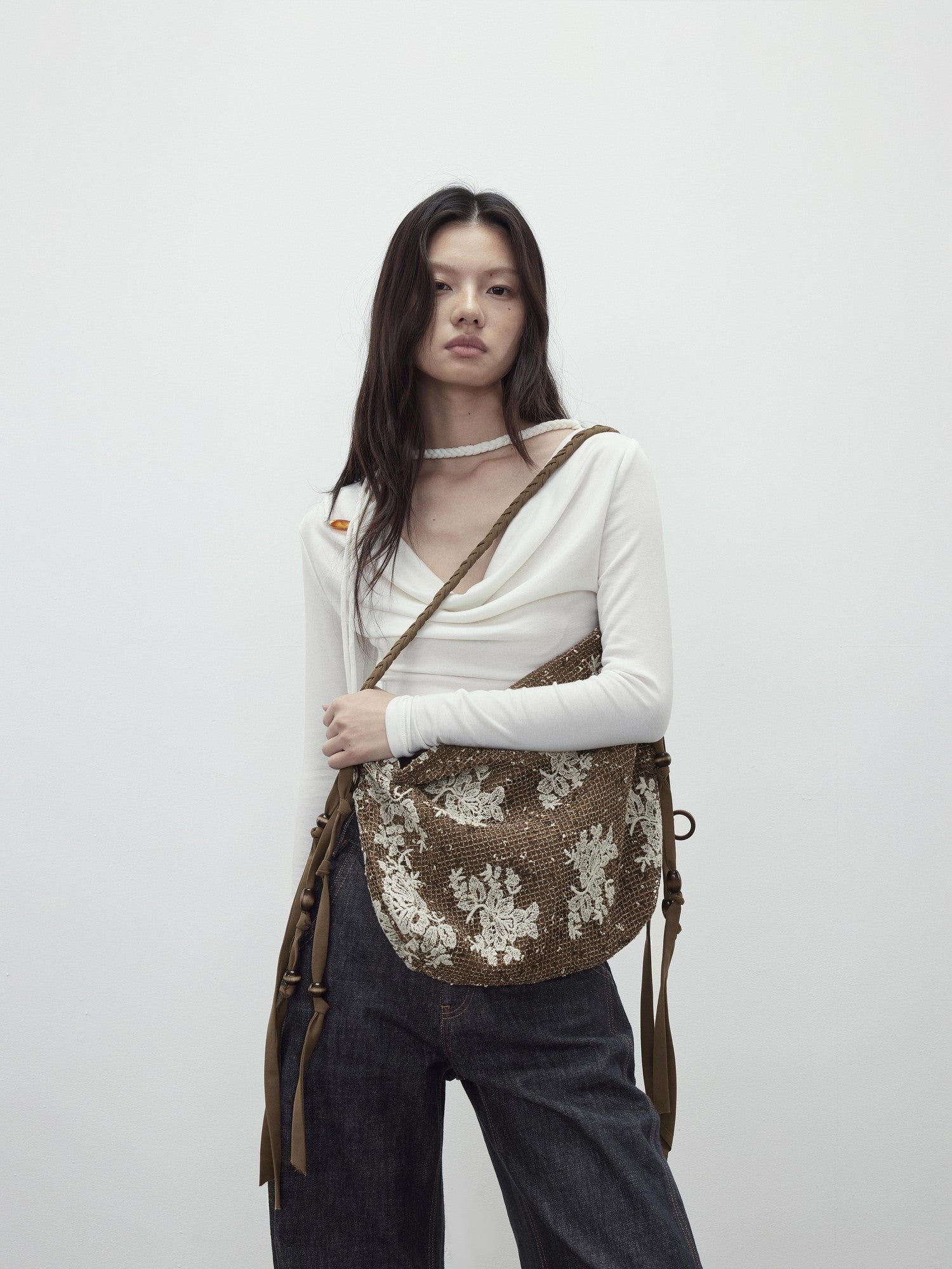 AFTADAWN Embossed Floral Beaded Mesh Tassel Women&