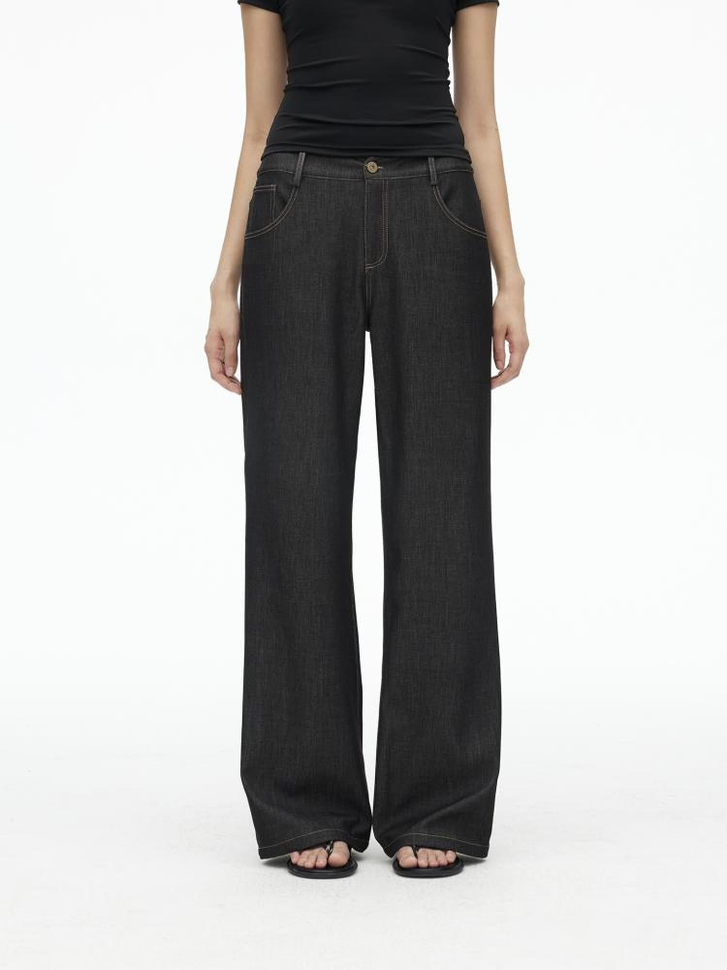 AFTADAWN Embroidered Back Pocket Flared Trousers With Stretch And Dropped Waist