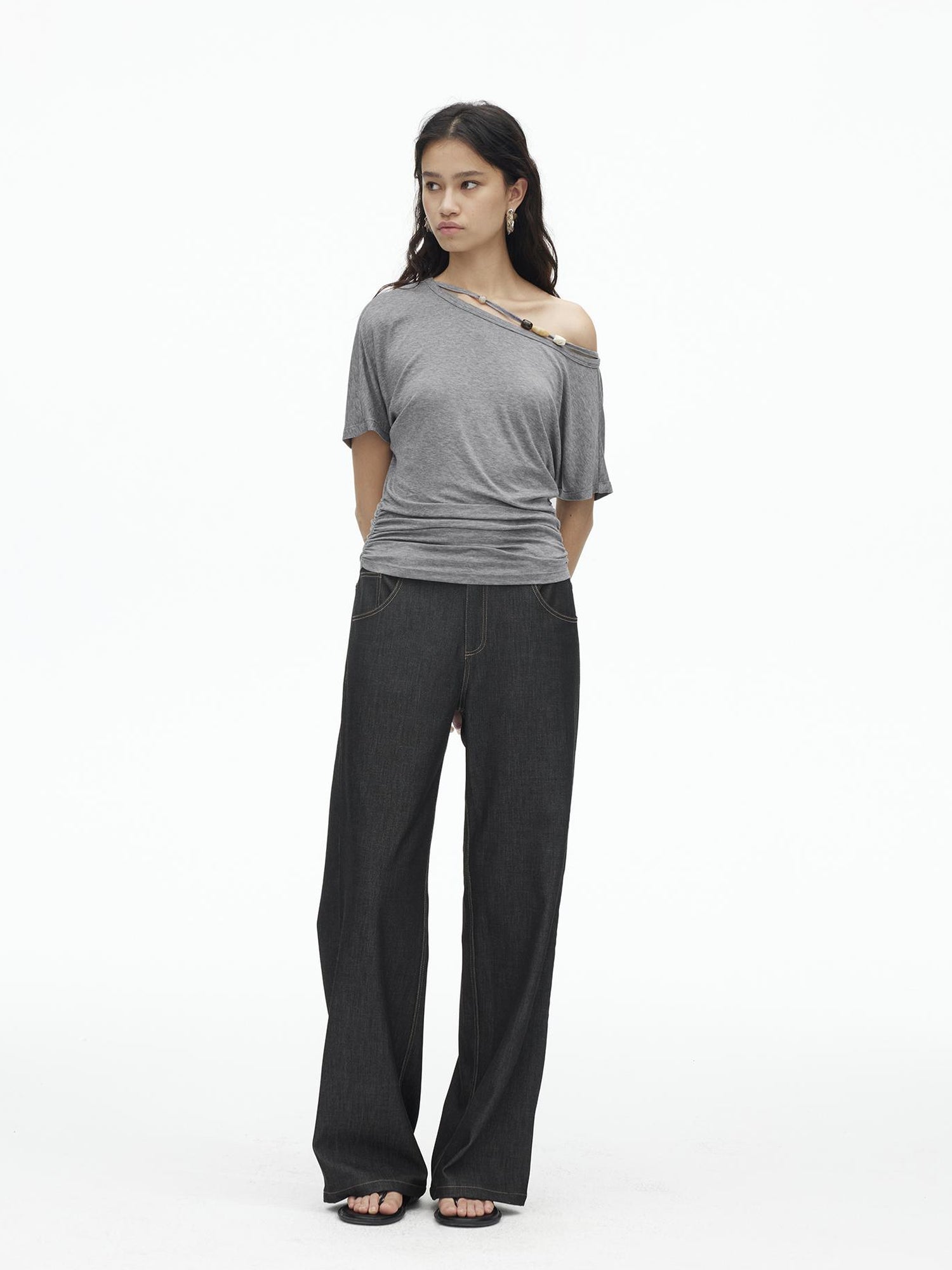 AFTADAWN Embroidered Back Pocket Flared Trousers With Stretch And Dropped Waist