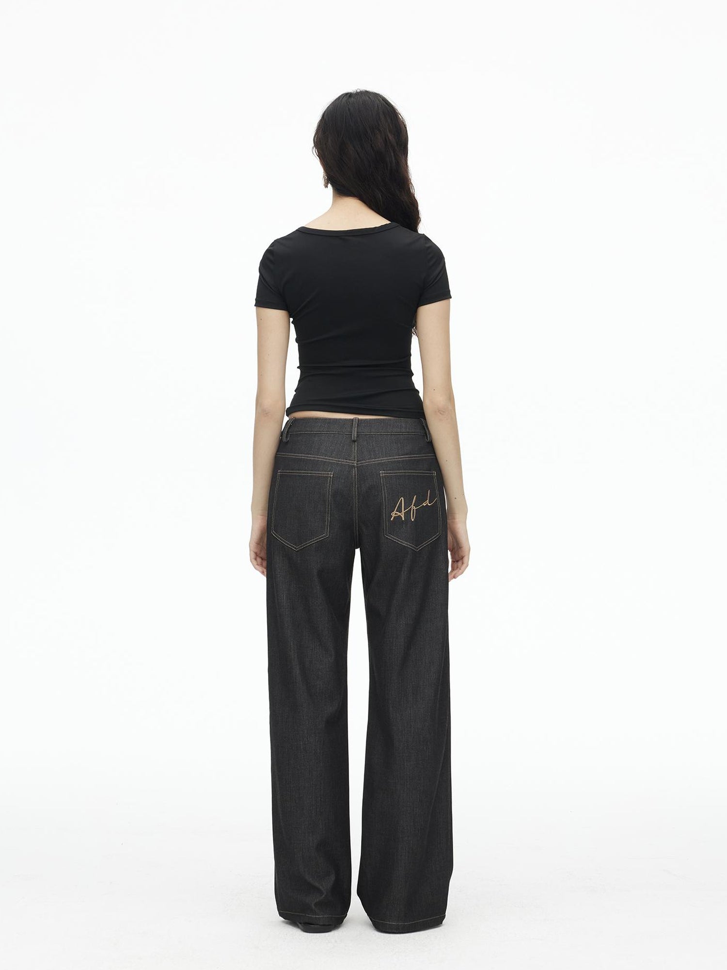 AFTADAWN Embroidered Back Pocket Flared Trousers With Stretch And Dropped Waist