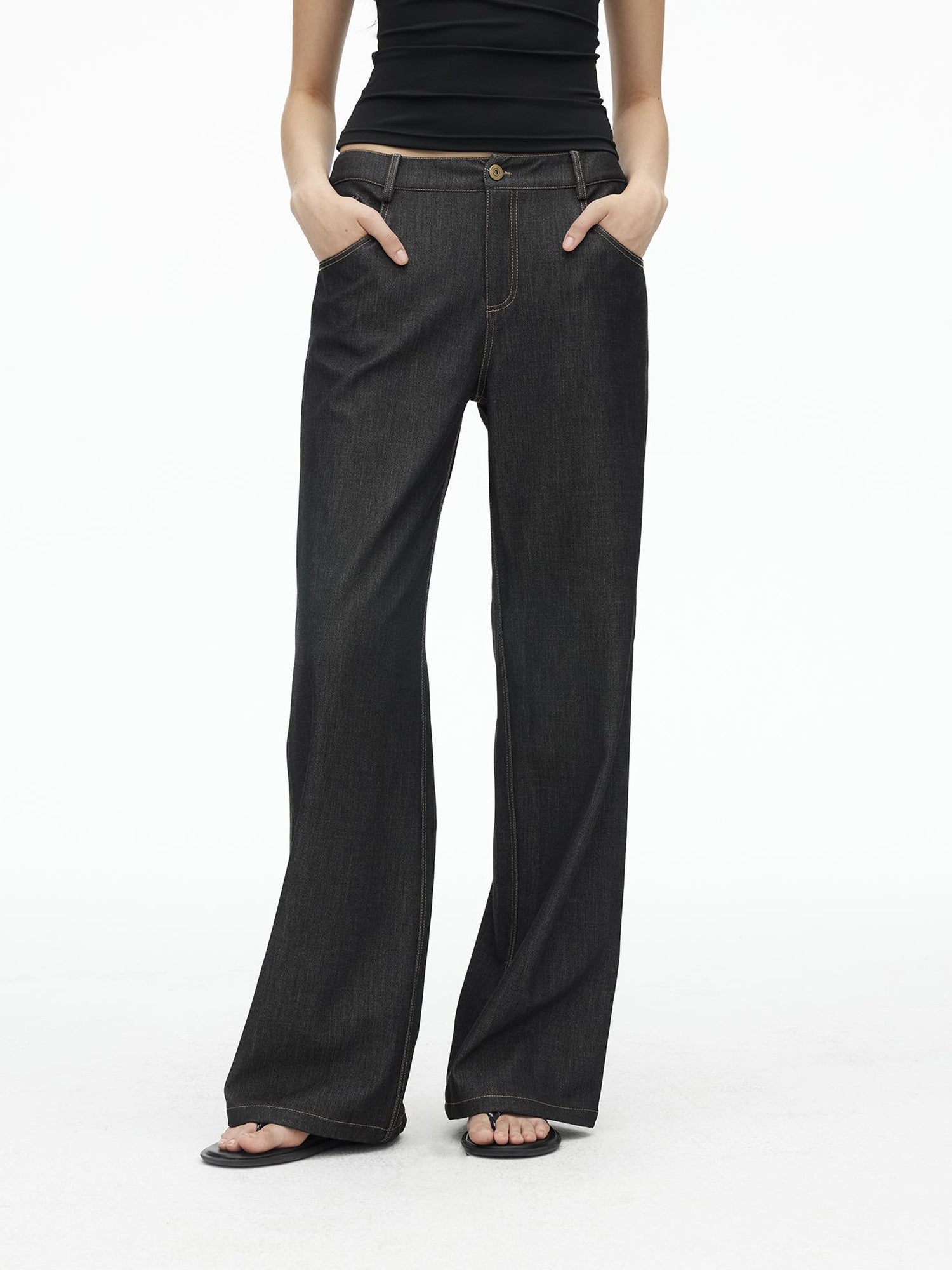 AFTADAWN Embroidered Back Pocket Flared Trousers With Stretch And Dropped Waist