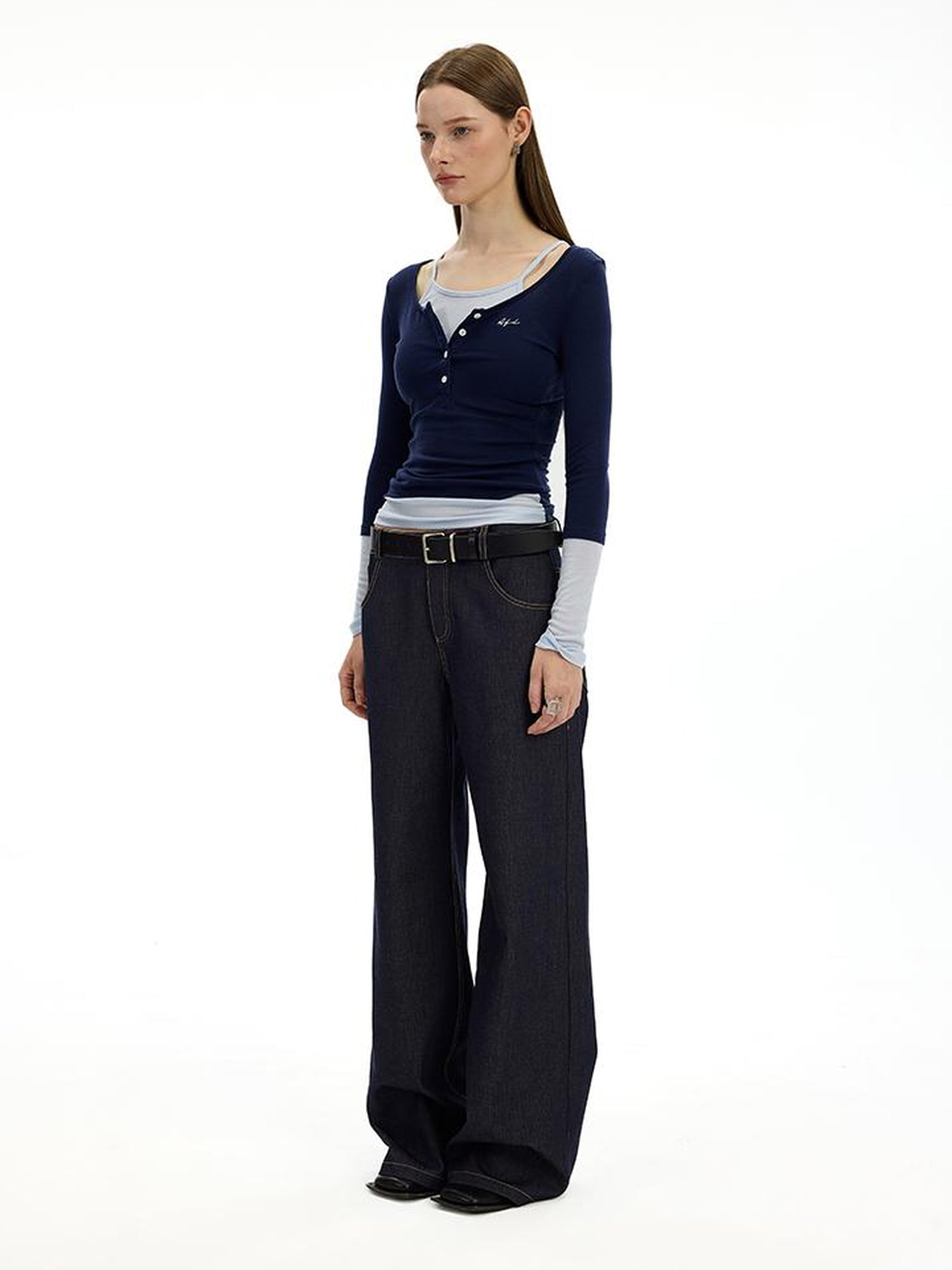 AFTADAWN Embroidered Back Pocket Flared Trousers With Stretch And Dropped Waist