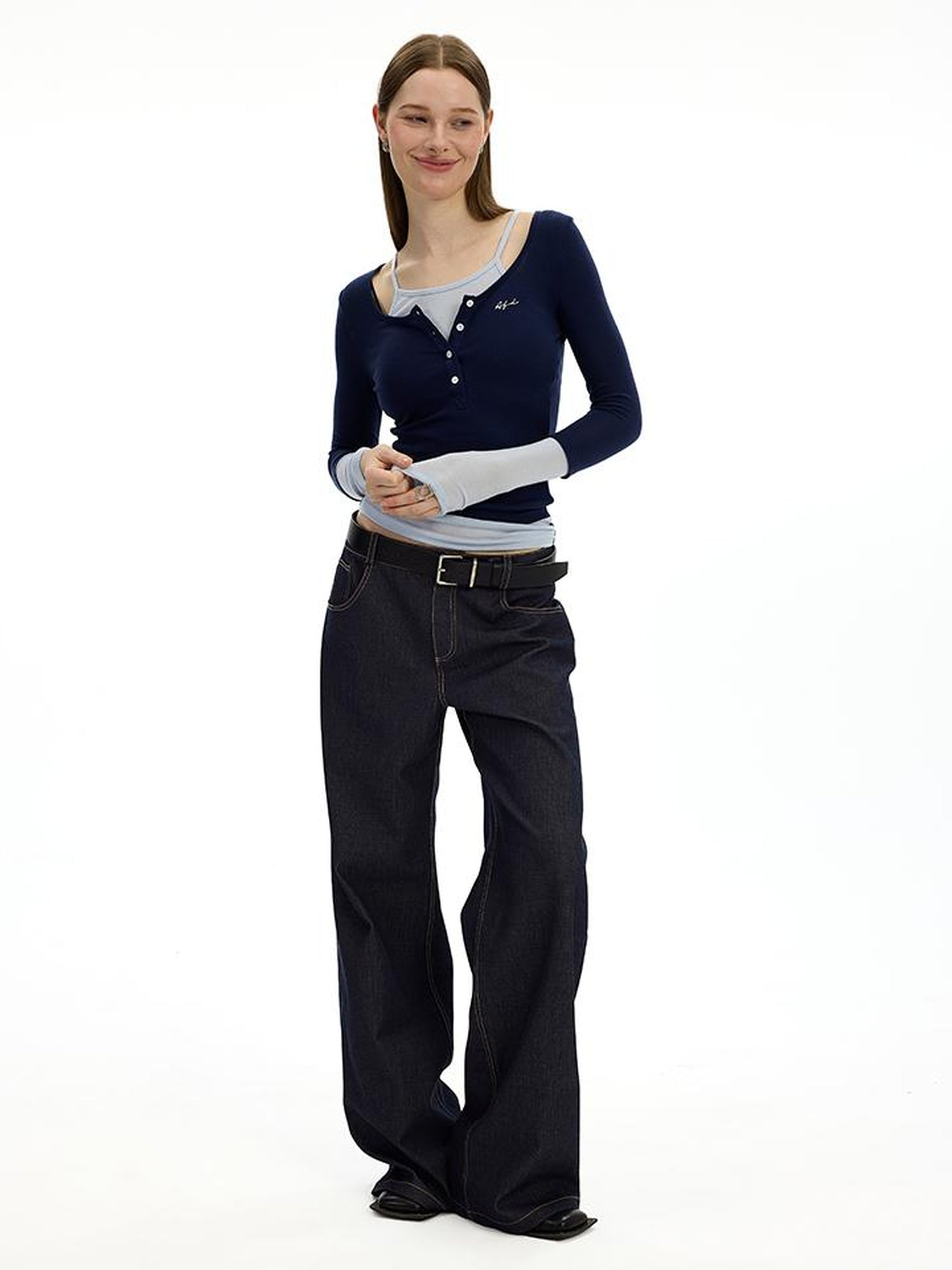 AFTADAWN Embroidered Back Pocket Flared Trousers With Stretch And Dropped Waist