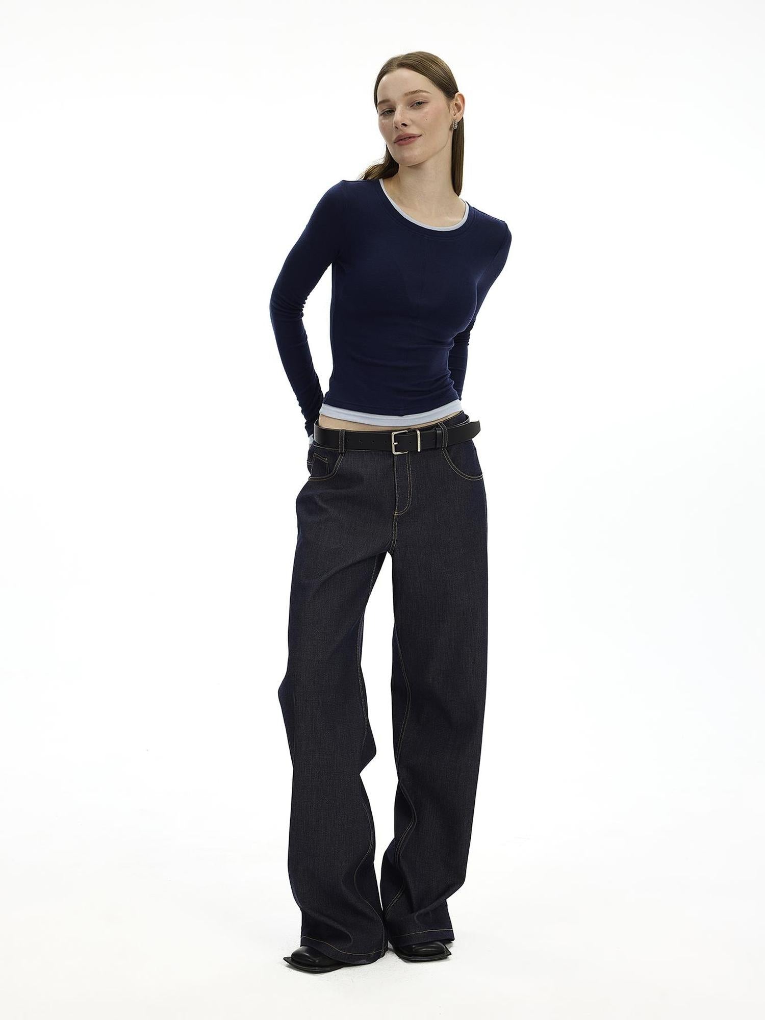 AFTADAWN Embroidered Back Pocket Flared Trousers With Stretch And Dropped Waist
