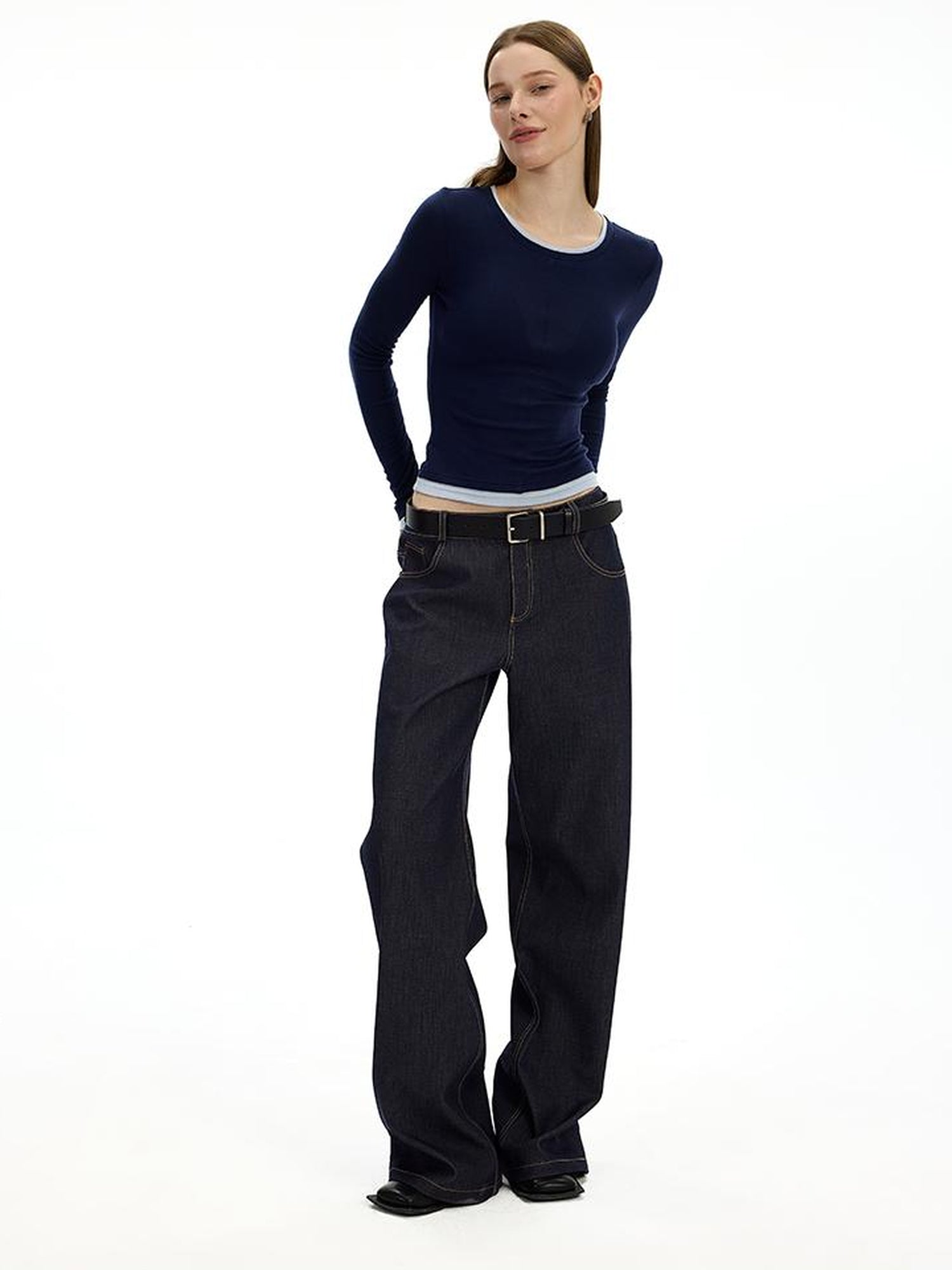 AFTADAWN Embroidered Back Pocket Flared Trousers With Stretch And Dropped Waist