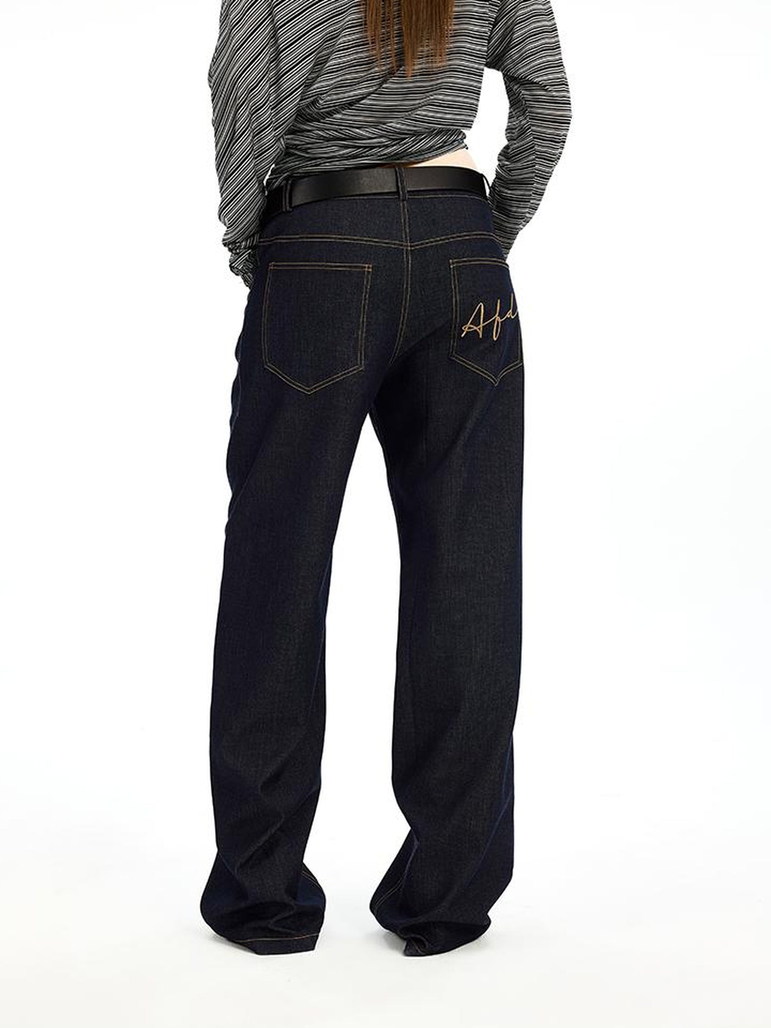AFTADAWN Embroidered Back Pocket Flared Trousers With Stretch And Dropped Waist