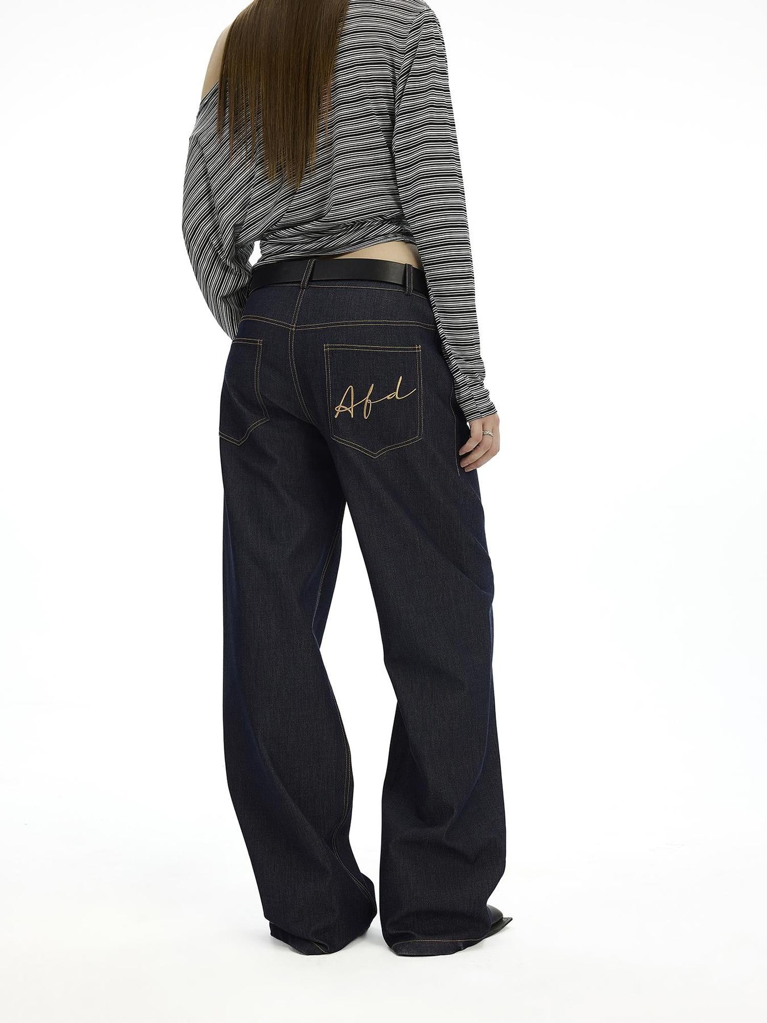 AFTADAWN Embroidered Back Pocket Flared Trousers With Stretch And Dropped Waist