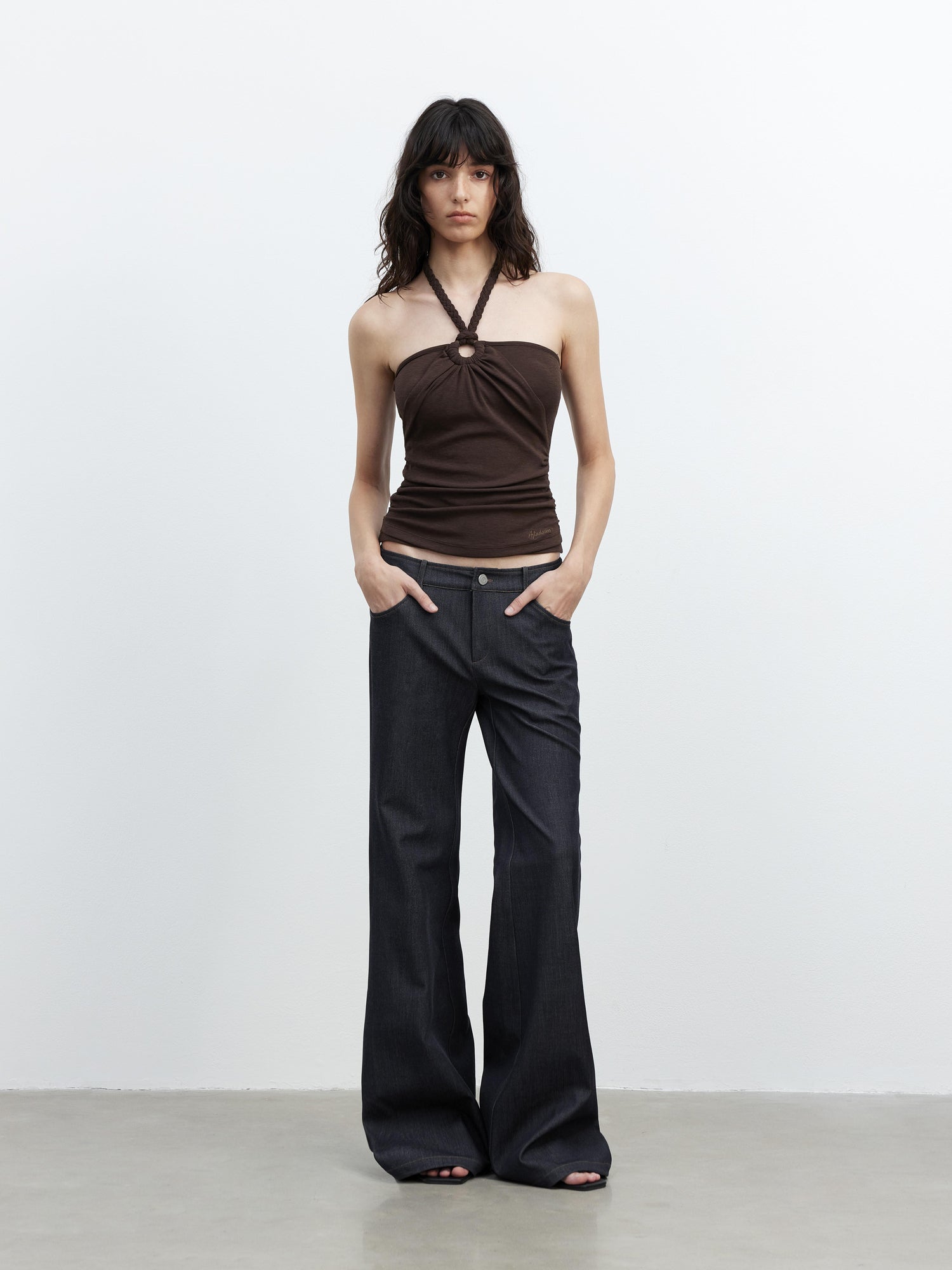 AFTADAWN Embroidered Back Pocket Flared Trousers With Stretch And Dropped Waist