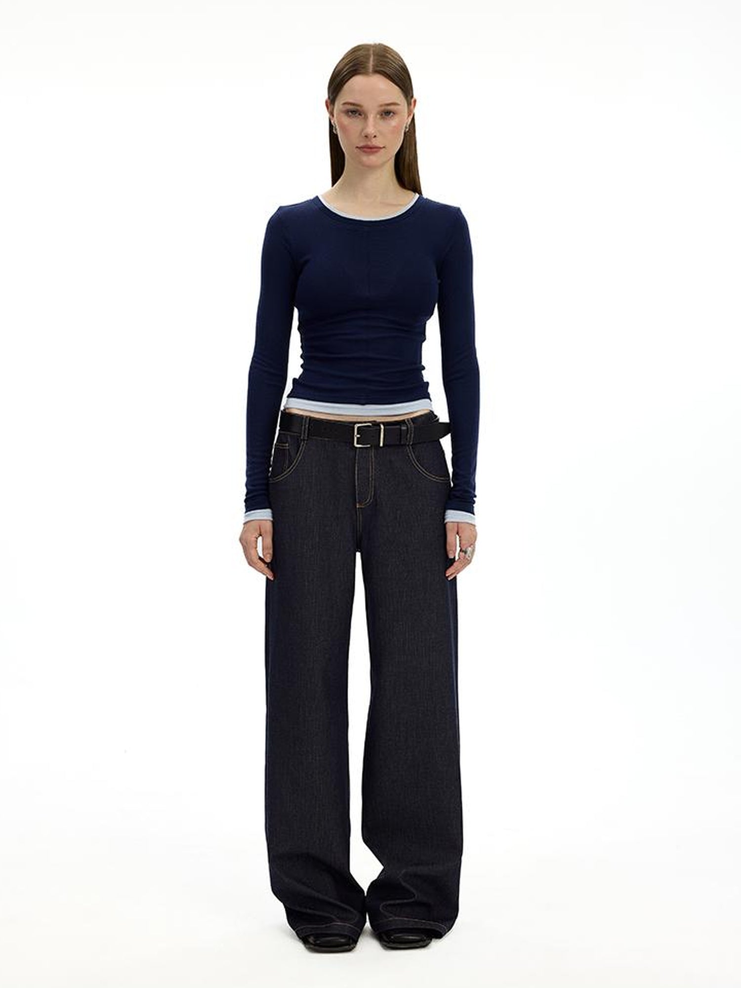 AFTADAWN Embroidered Back Pocket Flared Trousers With Stretch And Dropped Waist