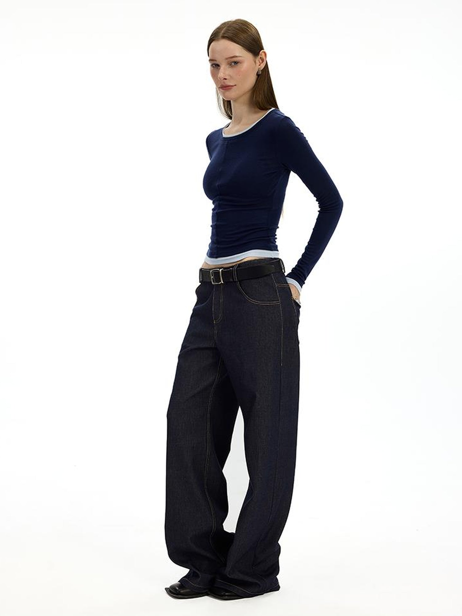 AFTADAWN Embroidered Back Pocket Flared Trousers With Stretch And Dropped Waist