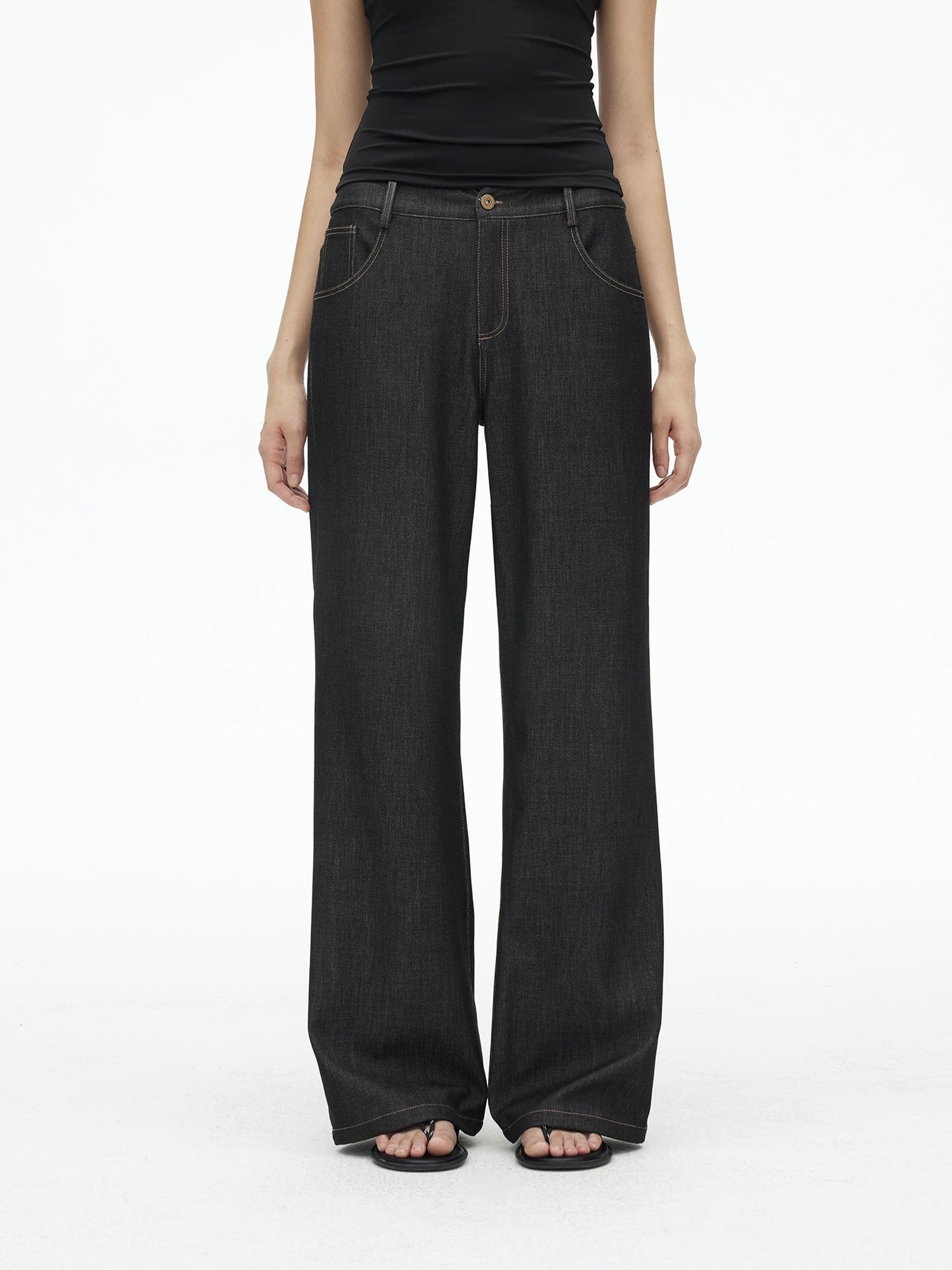 AFTADAWN Embroidered Back Pocket Flared Trousers With Stretch And Dropped Waist