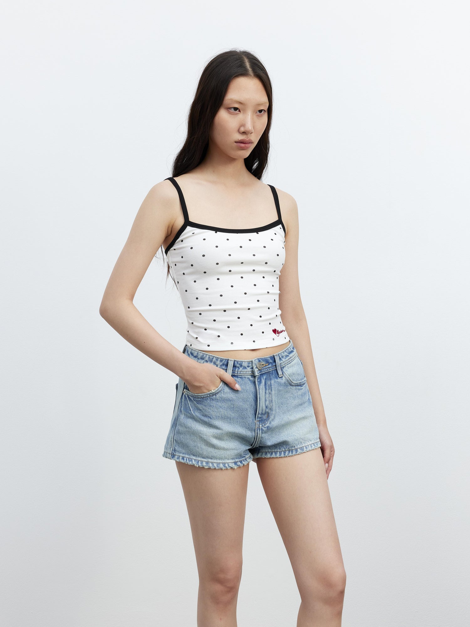 AFTADAWN Embroidered Dot Stretch Cotton Camisole Top