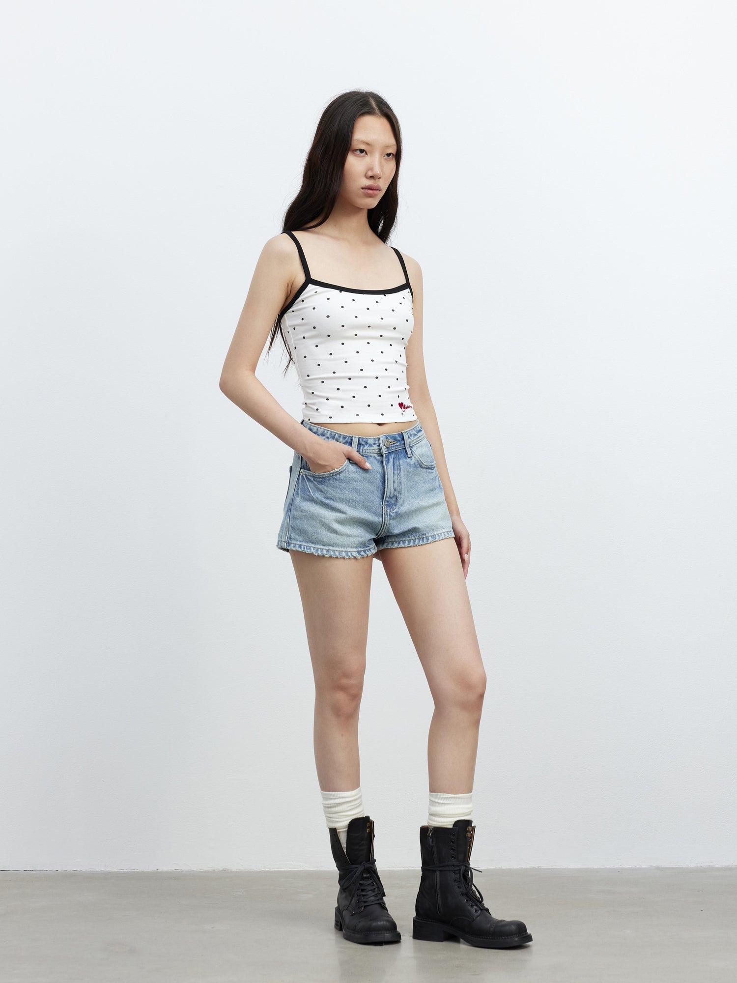 AFTADAWN Embroidered Dot Stretch Cotton Camisole Top