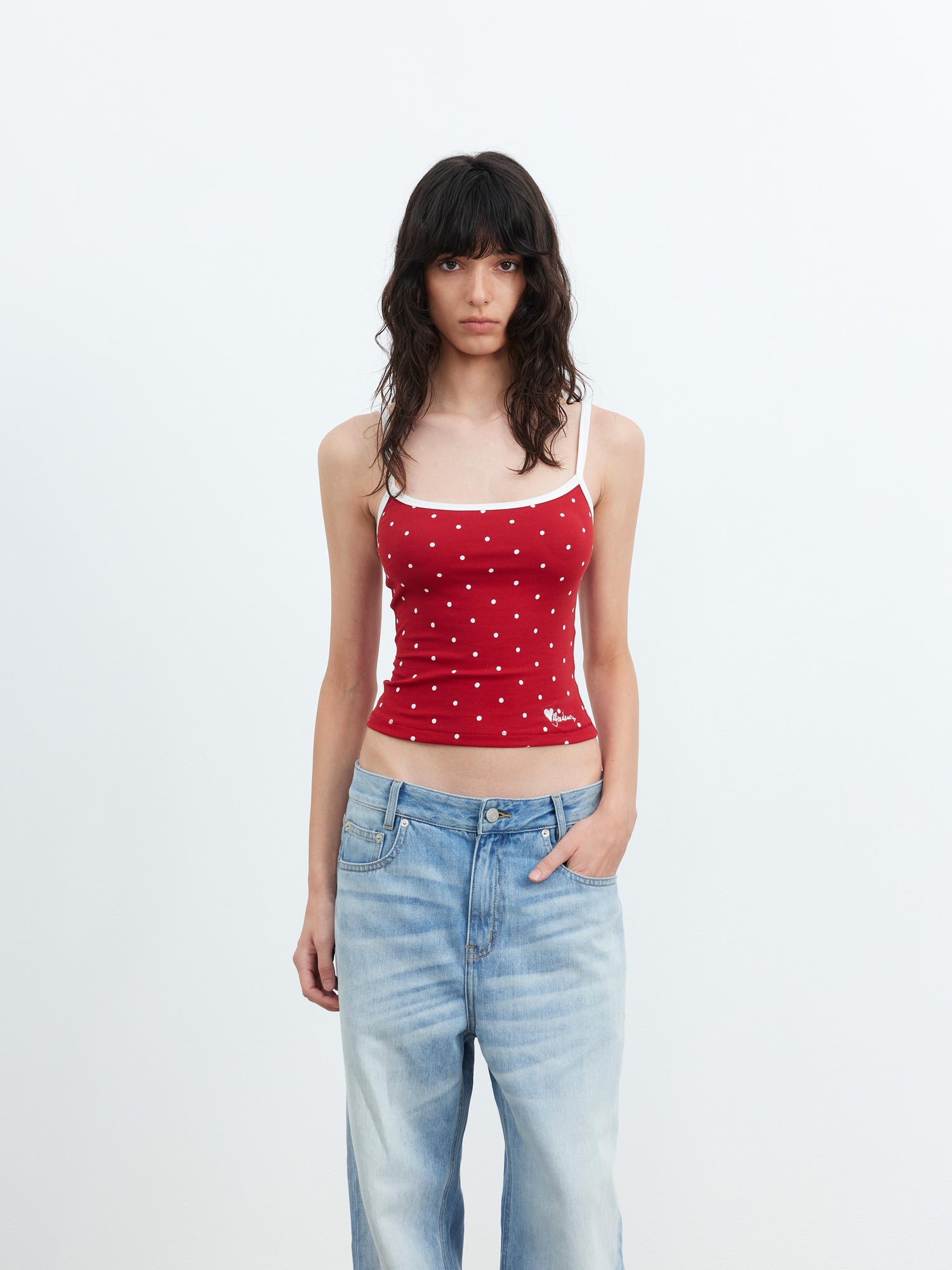 AFTADAWN Embroidered Dot Stretch Cotton Camisole Top