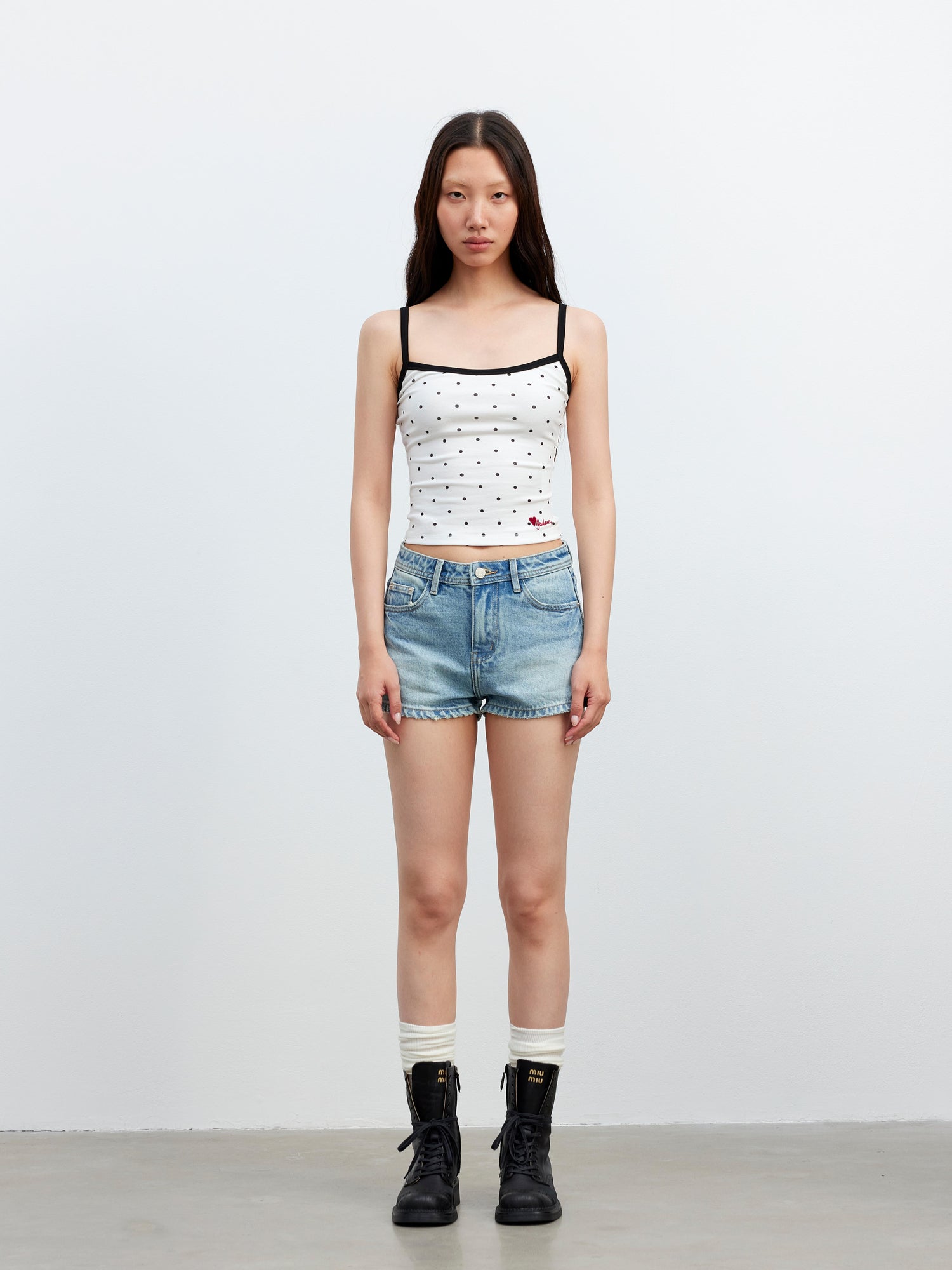 AFTADAWN Embroidered Dot Stretch Cotton Camisole Top