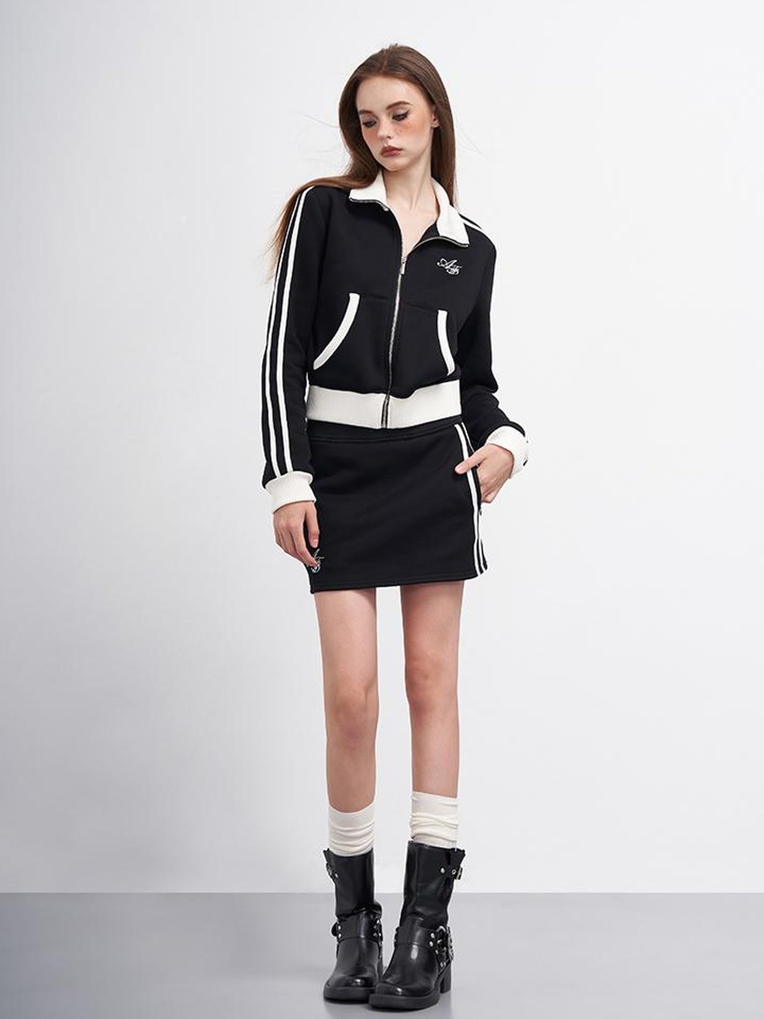 AFTADAWN Embroidered Fleece Lettering Color Block Sweatshirt Skirt Set