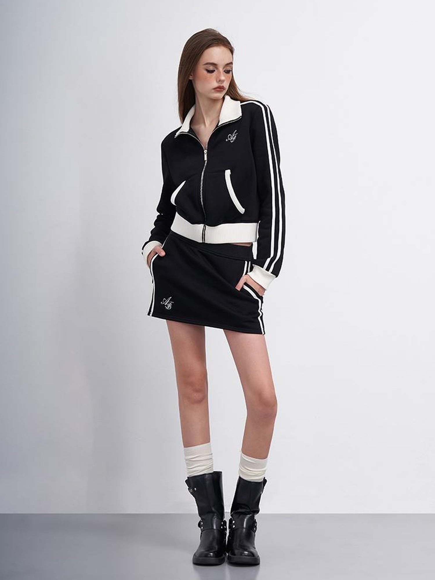 AFTADAWN Embroidered Fleece Lettering Color Block Sweatshirt Skirt Set