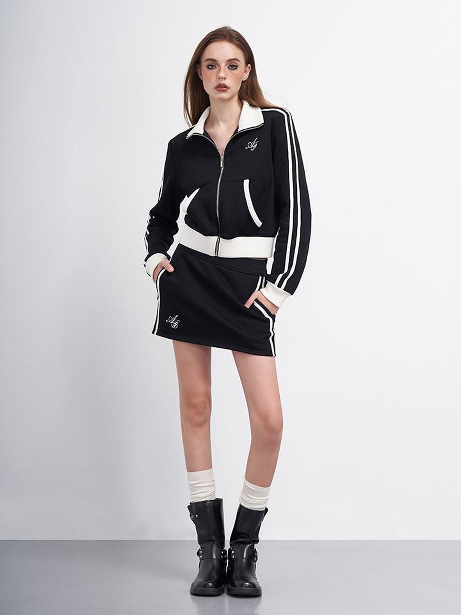 AFTADAWN Embroidered Fleece Lettering Color Block Sweatshirt Skirt Set