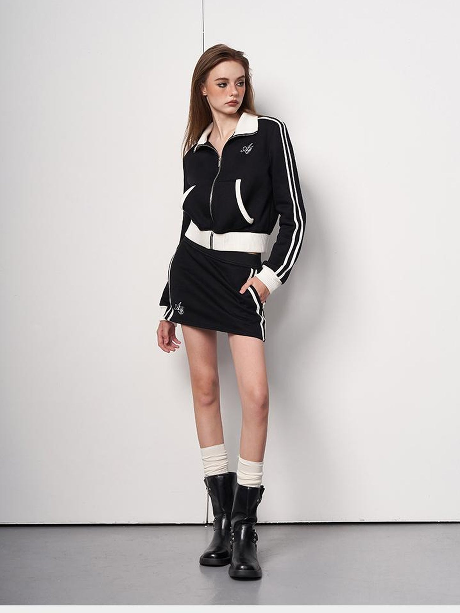 AFTADAWN Embroidered Fleece Lettering Color Block Sweatshirt Skirt Set