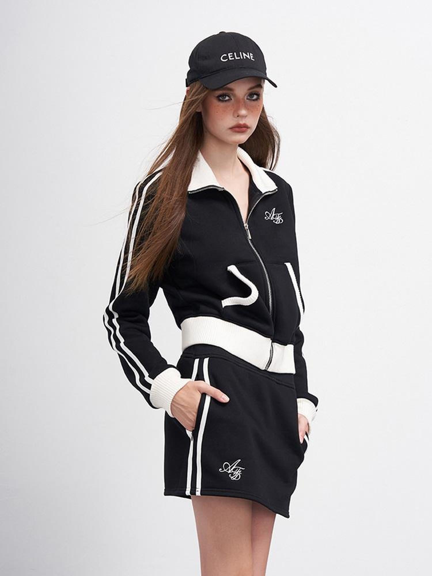 AFTADAWN Embroidered Fleece Lettering Color Block Sweatshirt Skirt Set