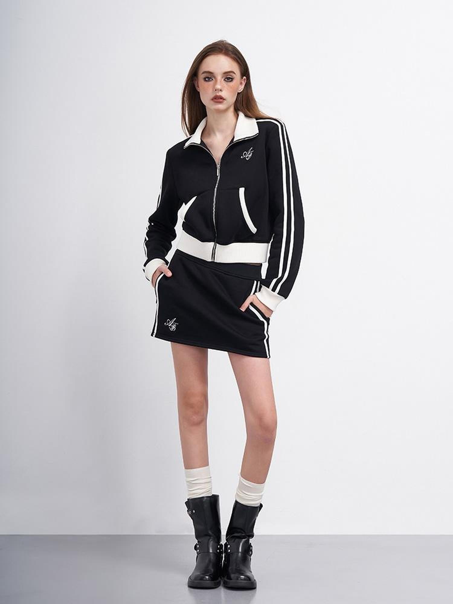 AFTADAWN Embroidered Fleece Lettering Color Block Sweatshirt Skirt Set