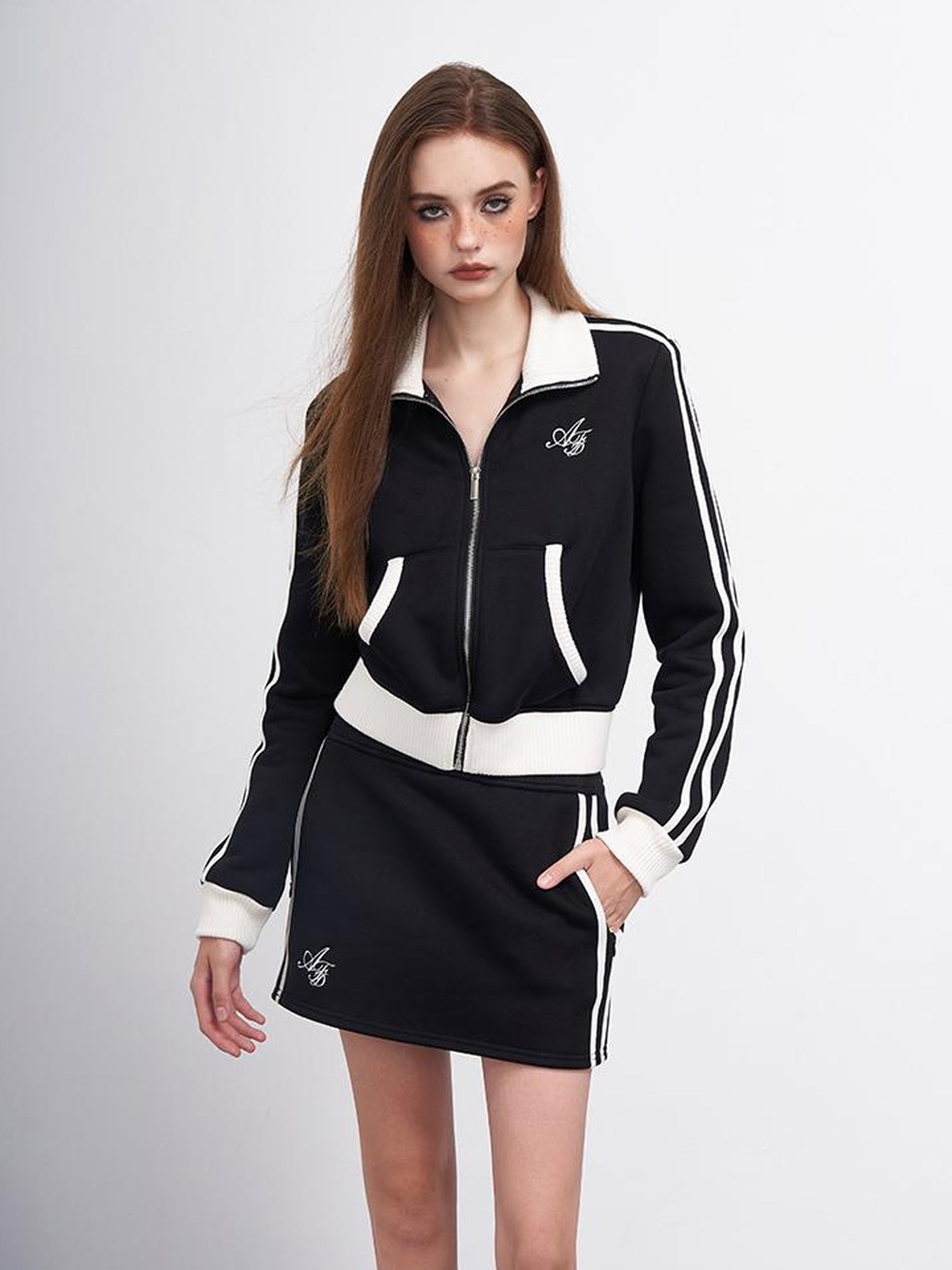 AFTADAWN Embroidered Fleece Lettering Color Block Sweatshirt Skirt Set