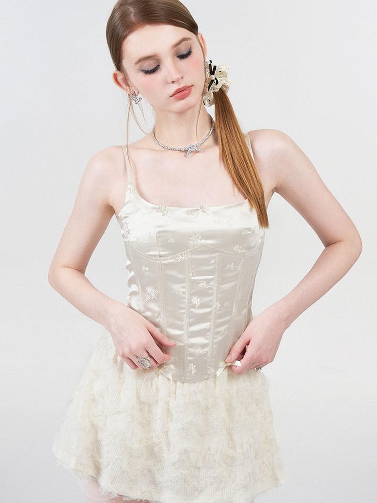 AFTADAWN Embroidered Jacquard Camisole Top With Boned Waist