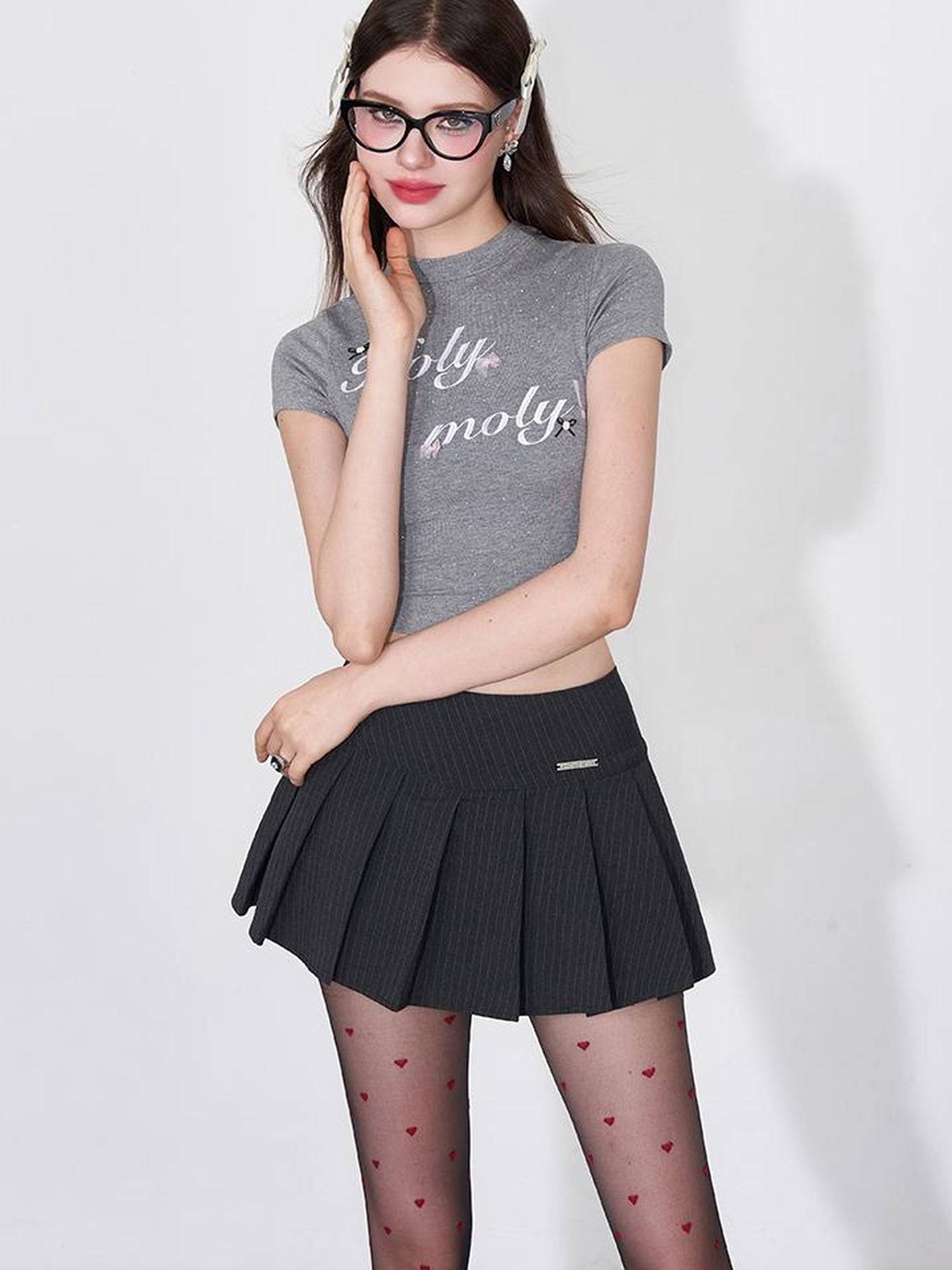 AFTADAWN Embroidered Rhinestone Lettering Cropped T-shirt