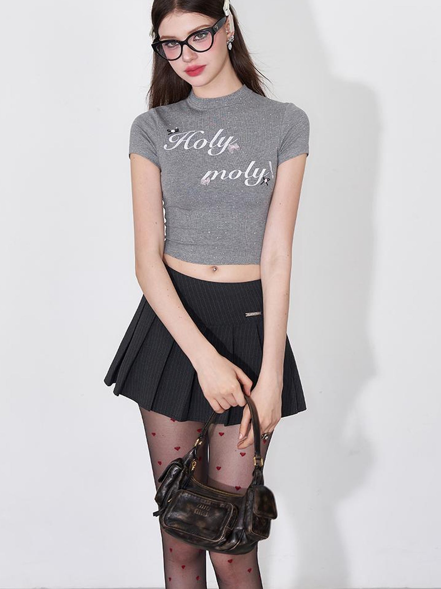 AFTADAWN Embroidered Rhinestone Lettering Cropped T-shirt