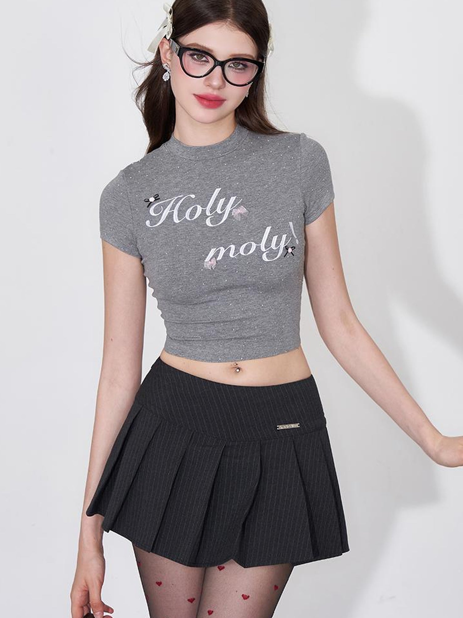 AFTADAWN Embroidered Rhinestone Lettering Cropped T-shirt