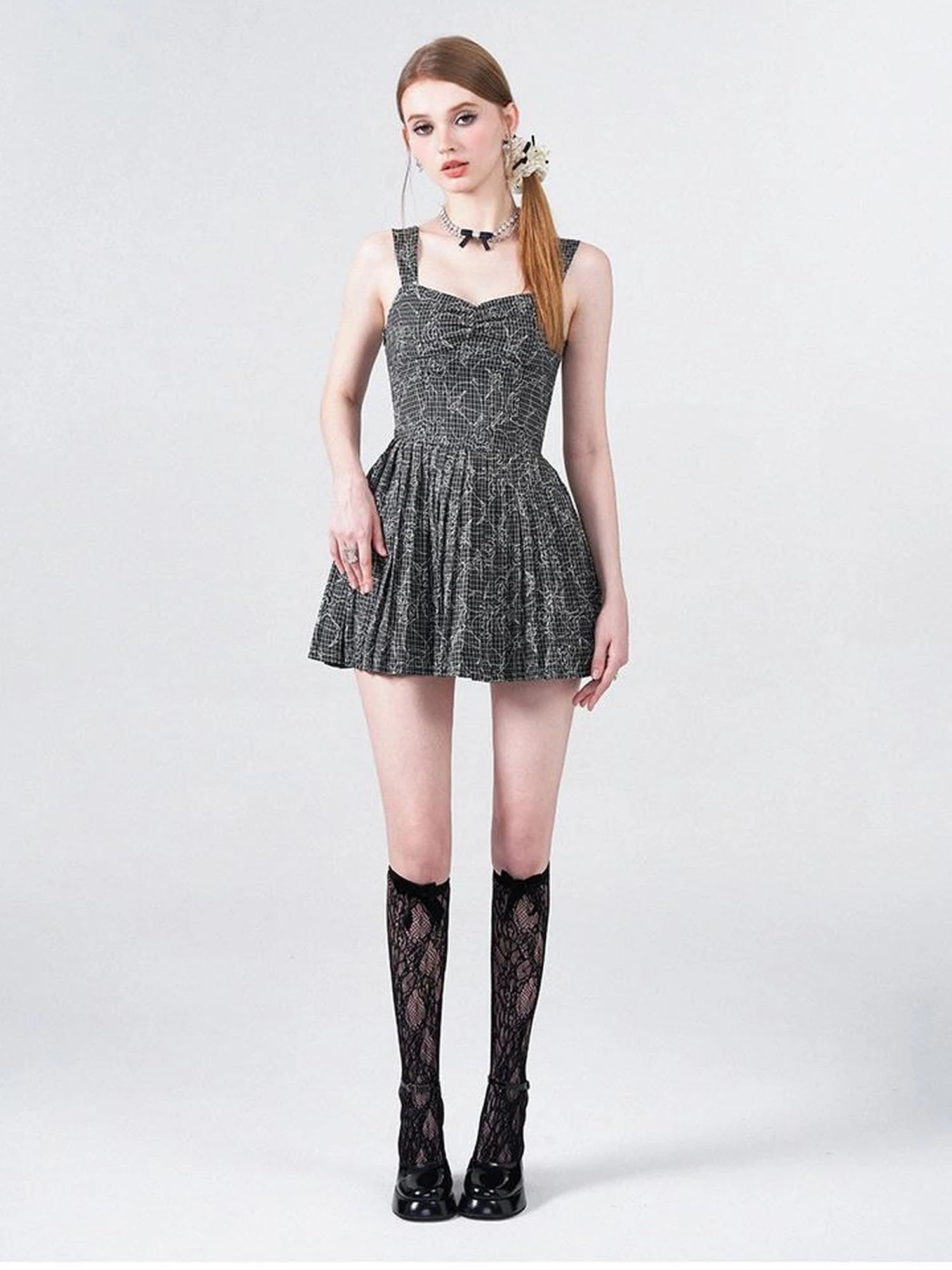 Embroidered Rose Line Black White Plaid Pleated Slip Dress