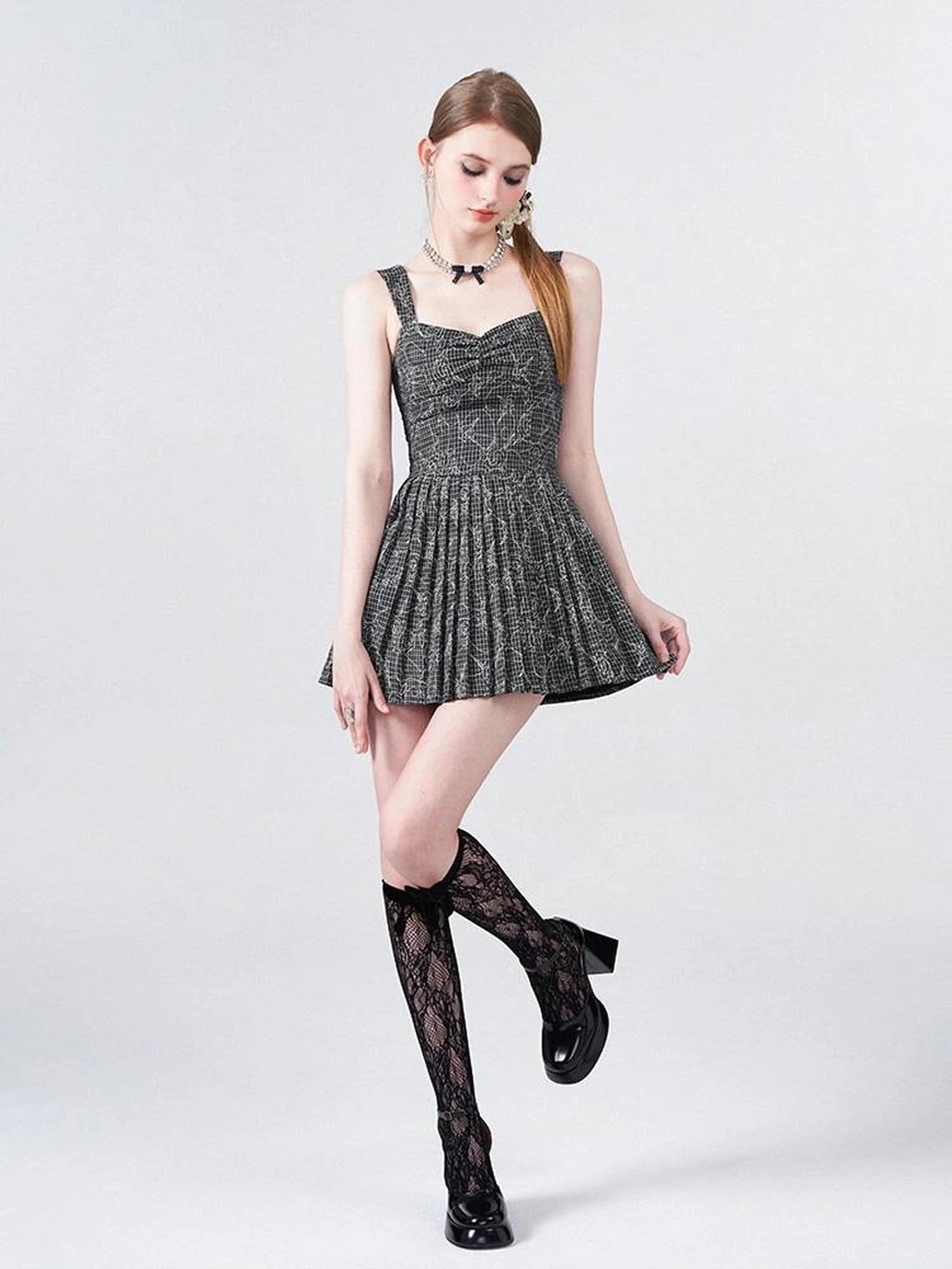 Embroidered Rose Line Black White Plaid Pleated Slip Dress