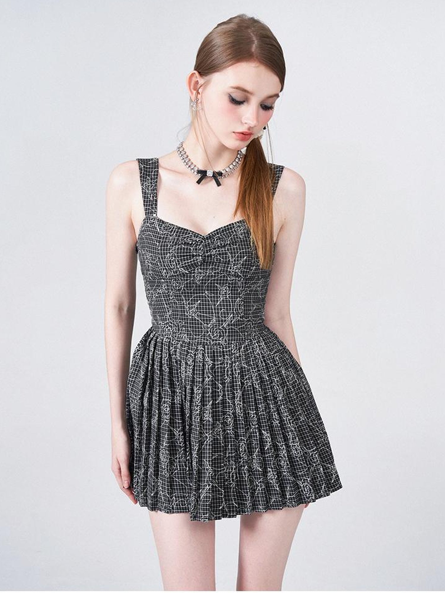 AFTADAWN Embroidered Rose Line Black White Plaid Pleated Slip Dress