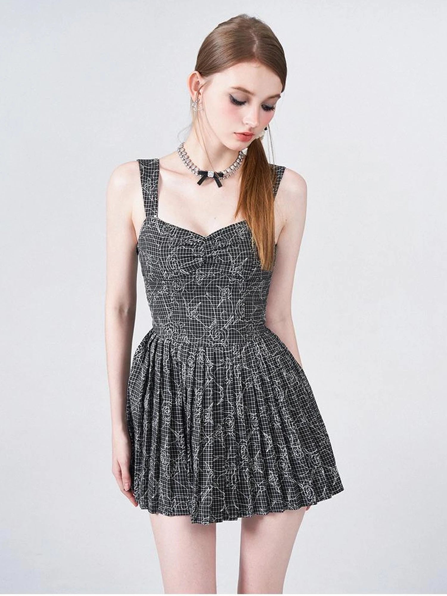 Embroidered Rose Line Black White Plaid Pleated Slip Dress