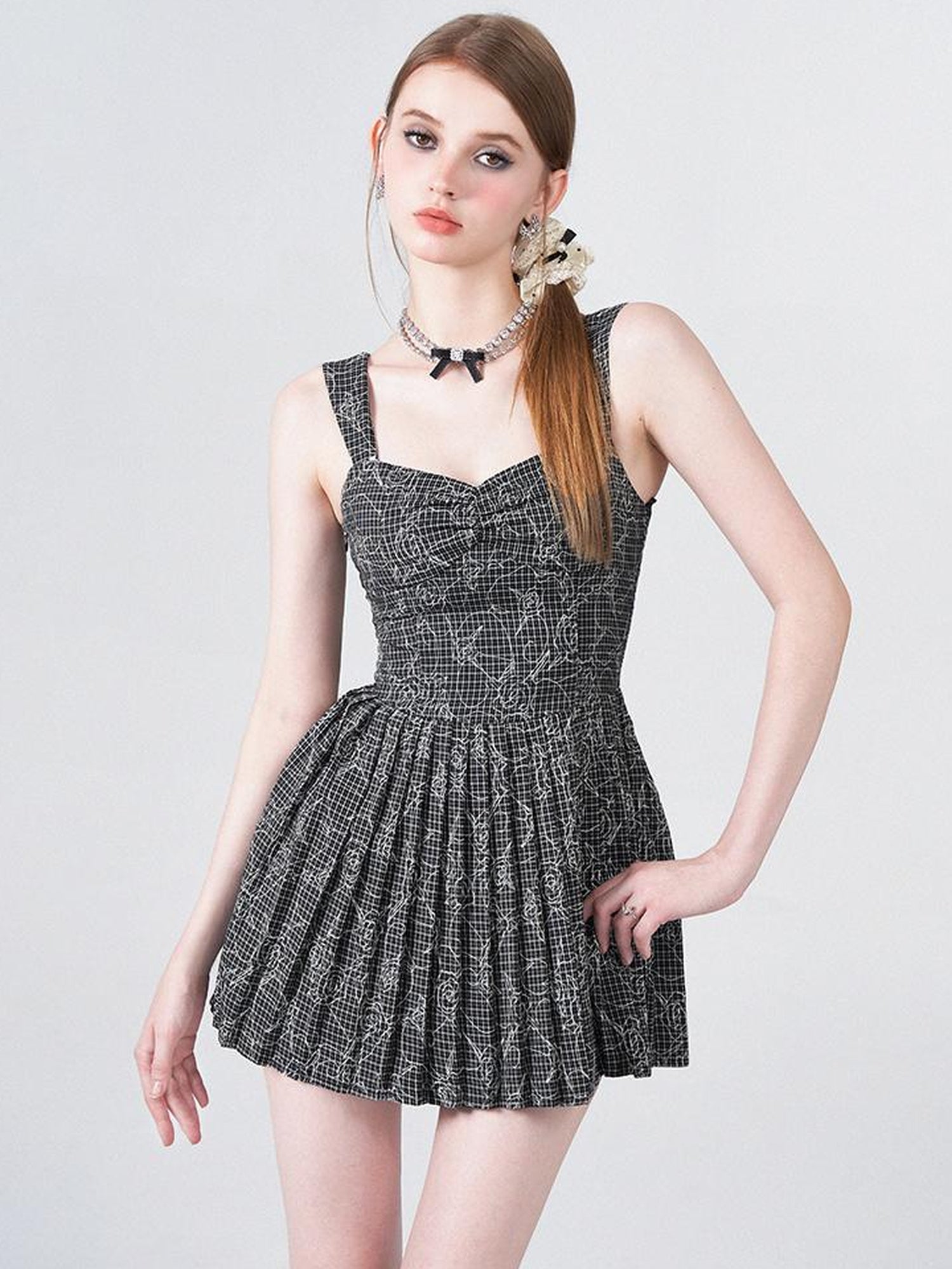 AFTADAWN Embroidered Rose Line Black White Plaid Pleated Slip Dress
