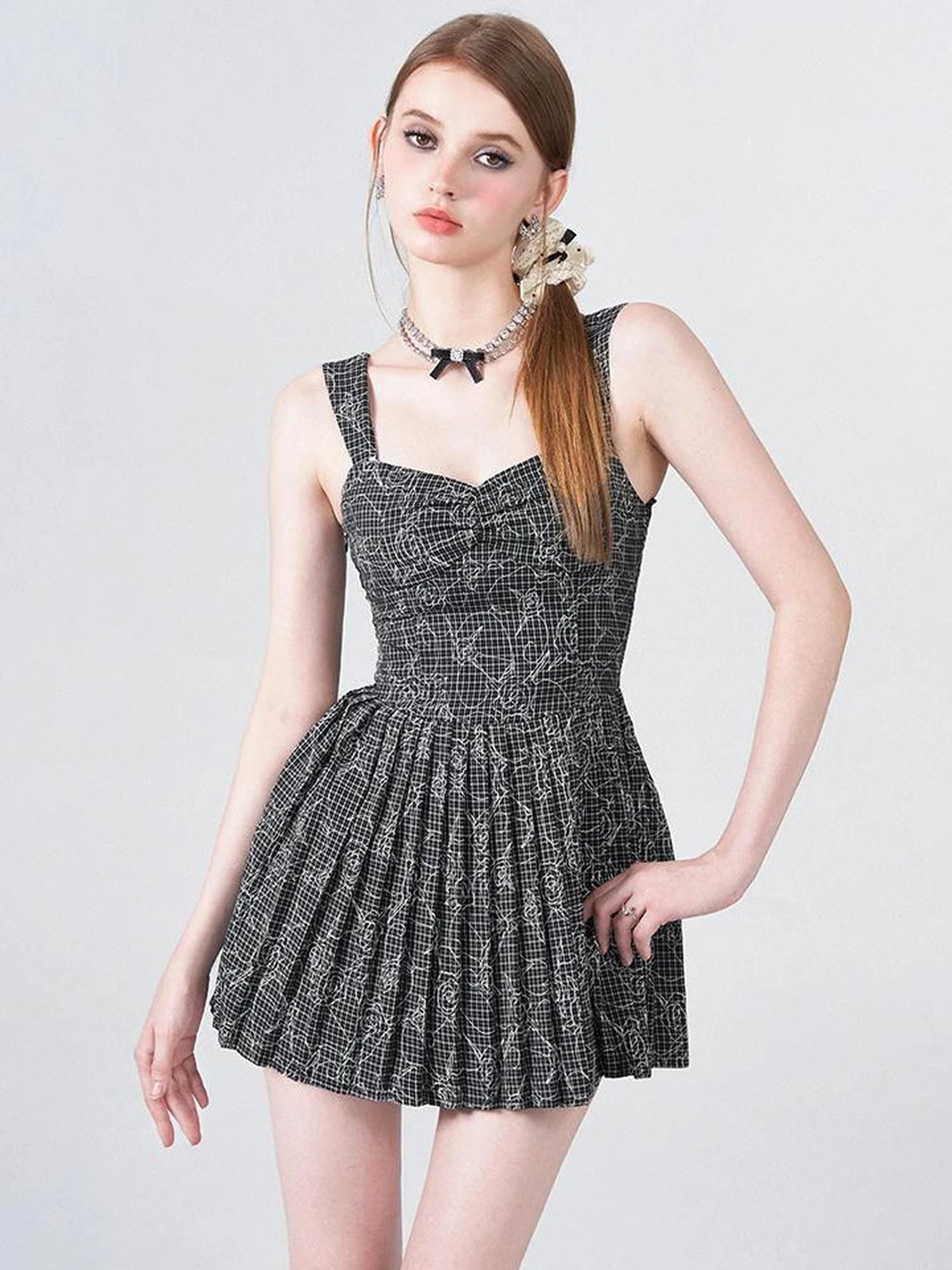 Embroidered Rose Line Black White Plaid Pleated Slip Dress